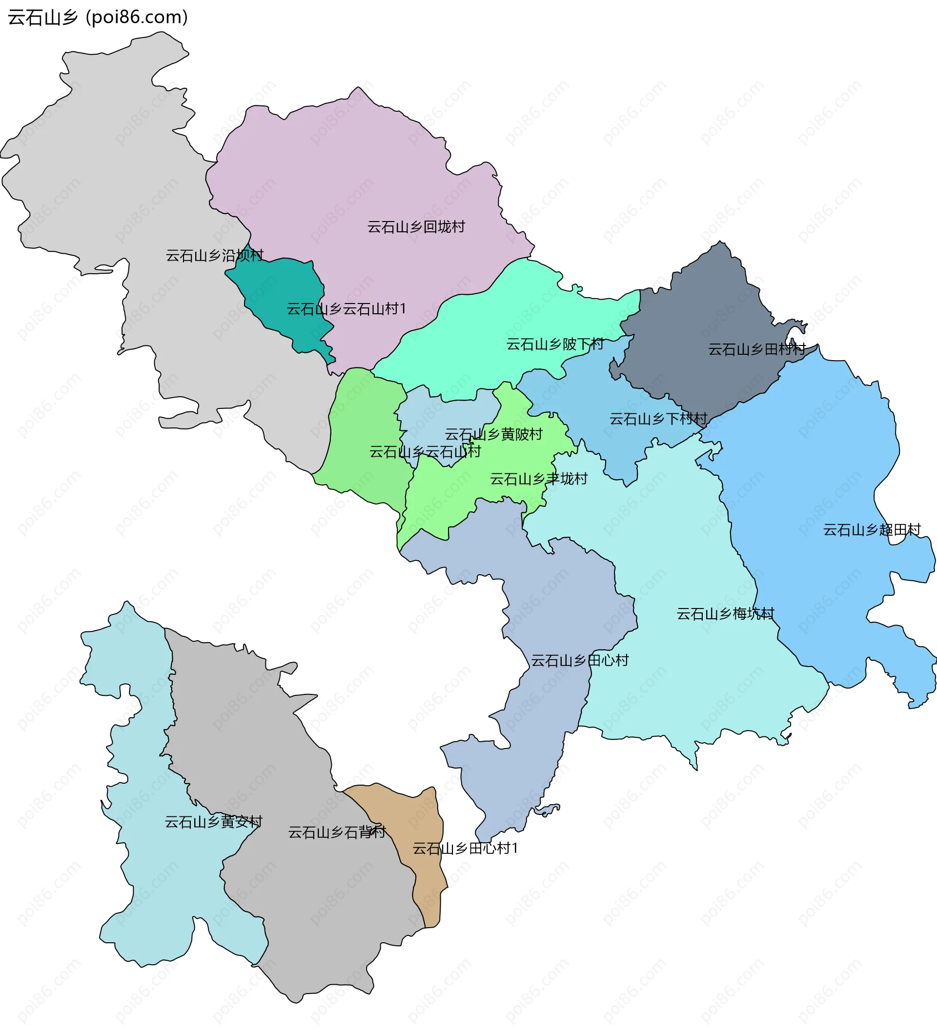 云石山乡边界地图(五级行政区划)