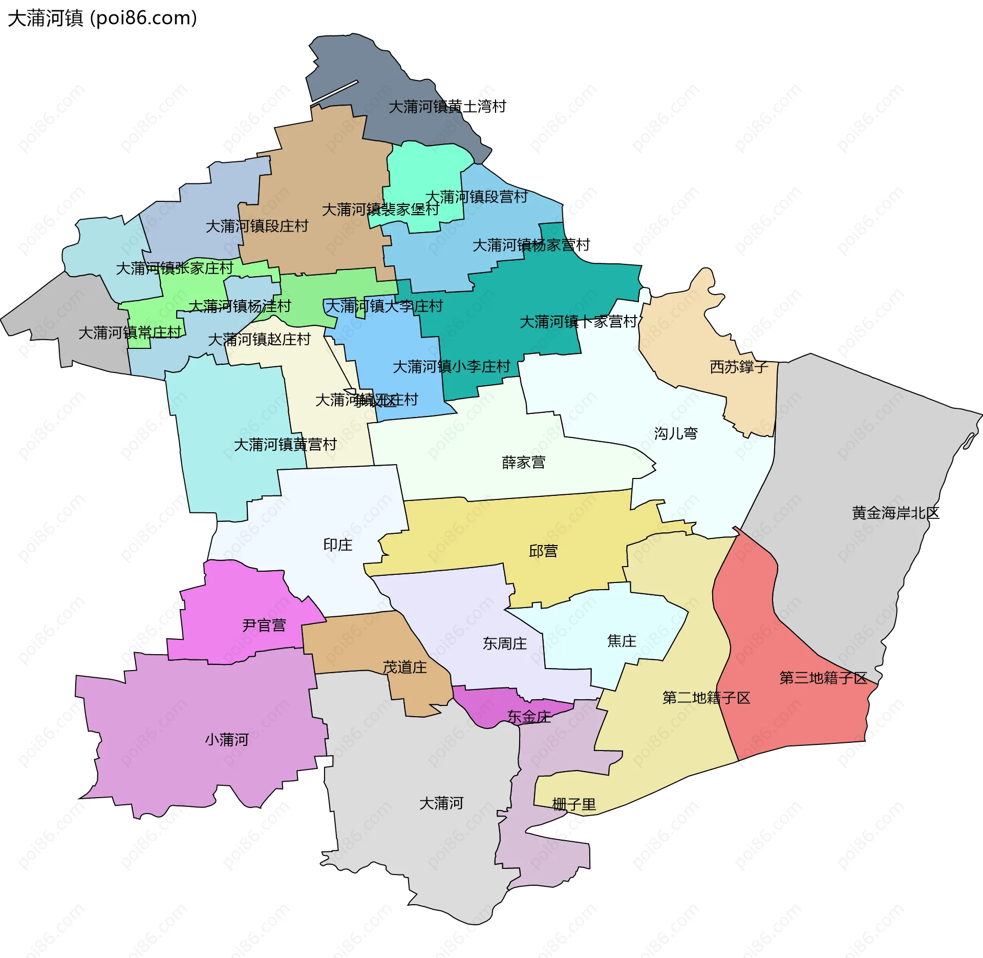 大蒲河镇边界地图(五级行政区划)