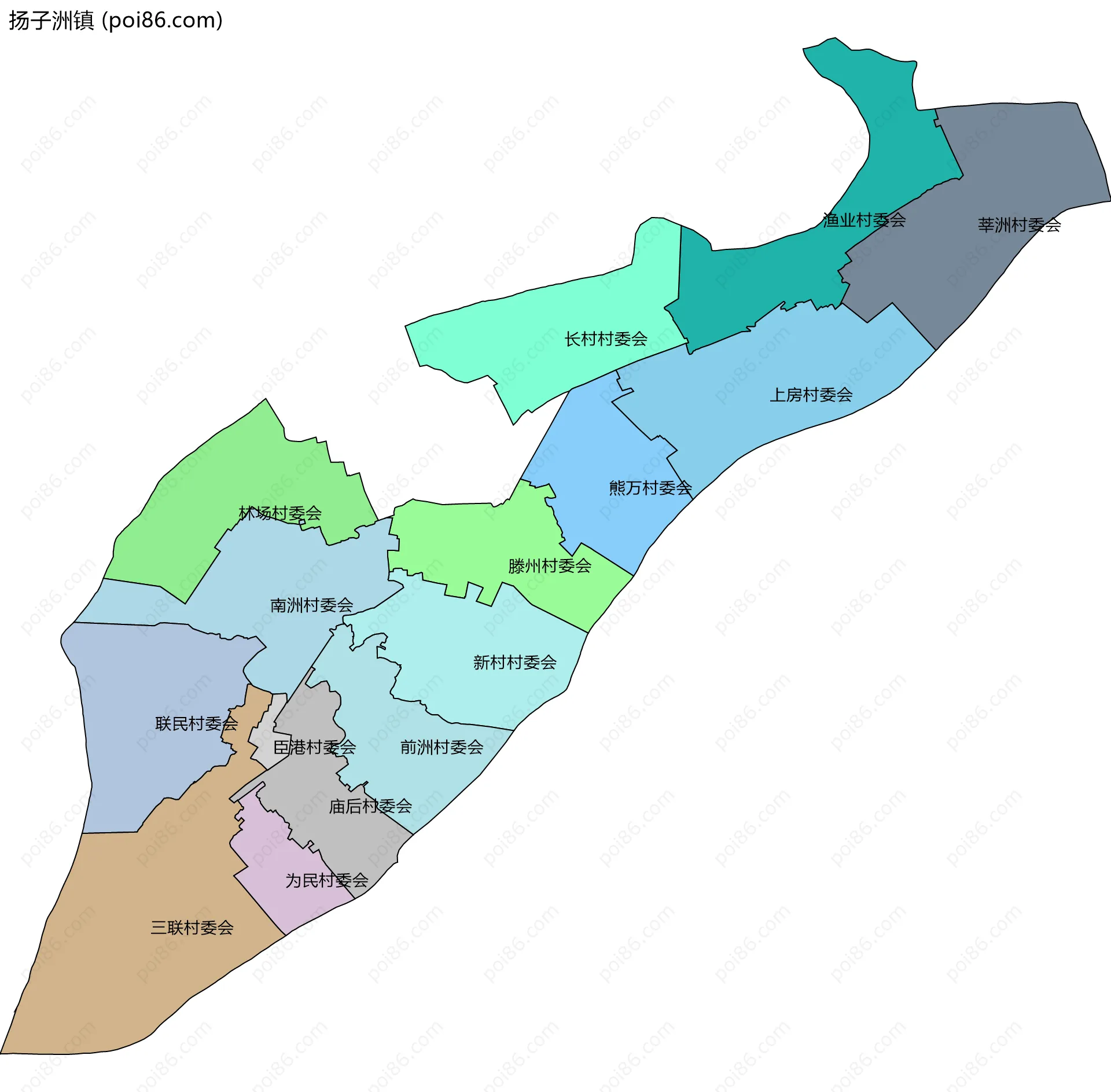 扬子洲镇边界地图(五级行政区划)