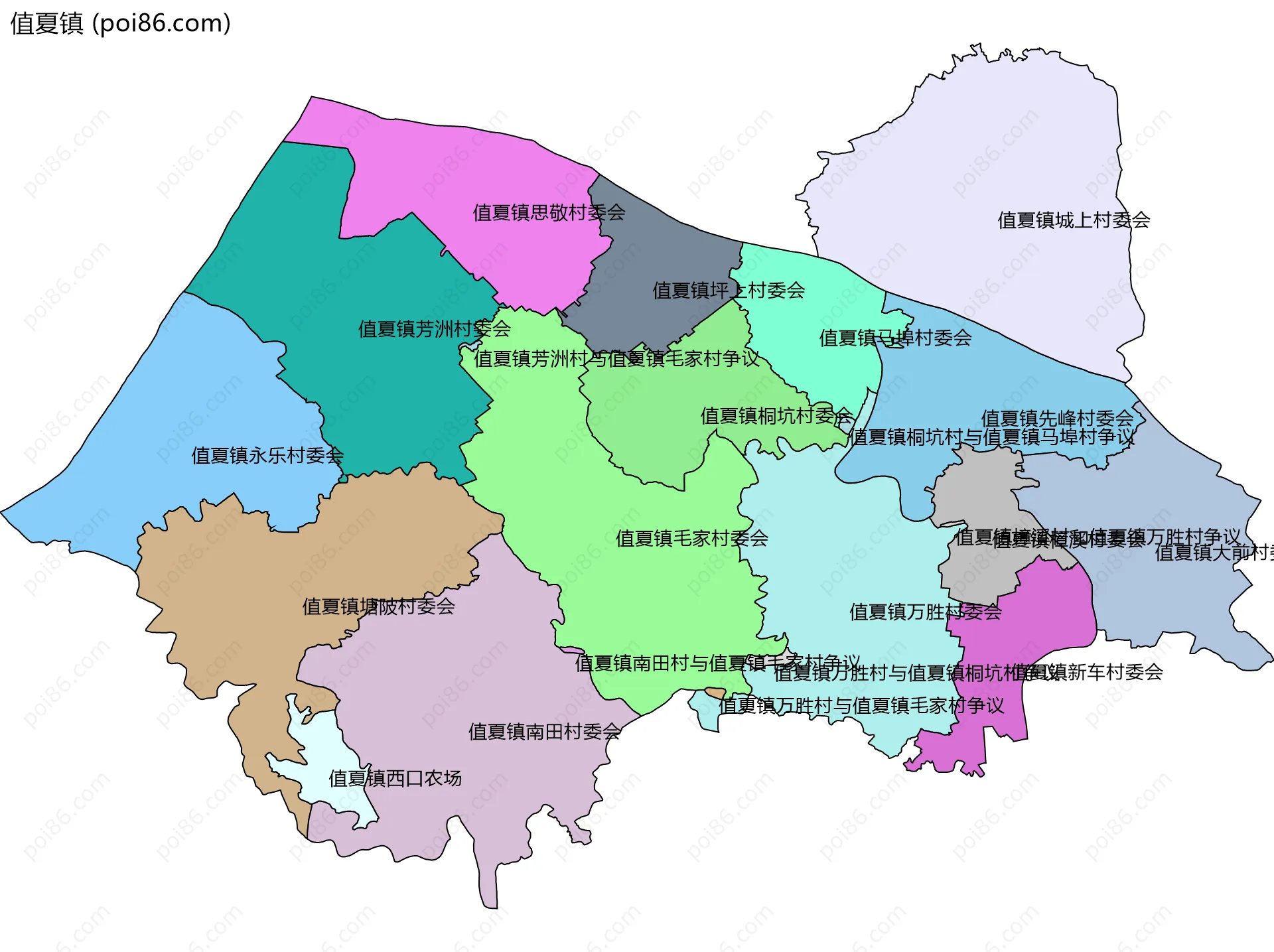 值夏镇边界地图(五级行政区划)