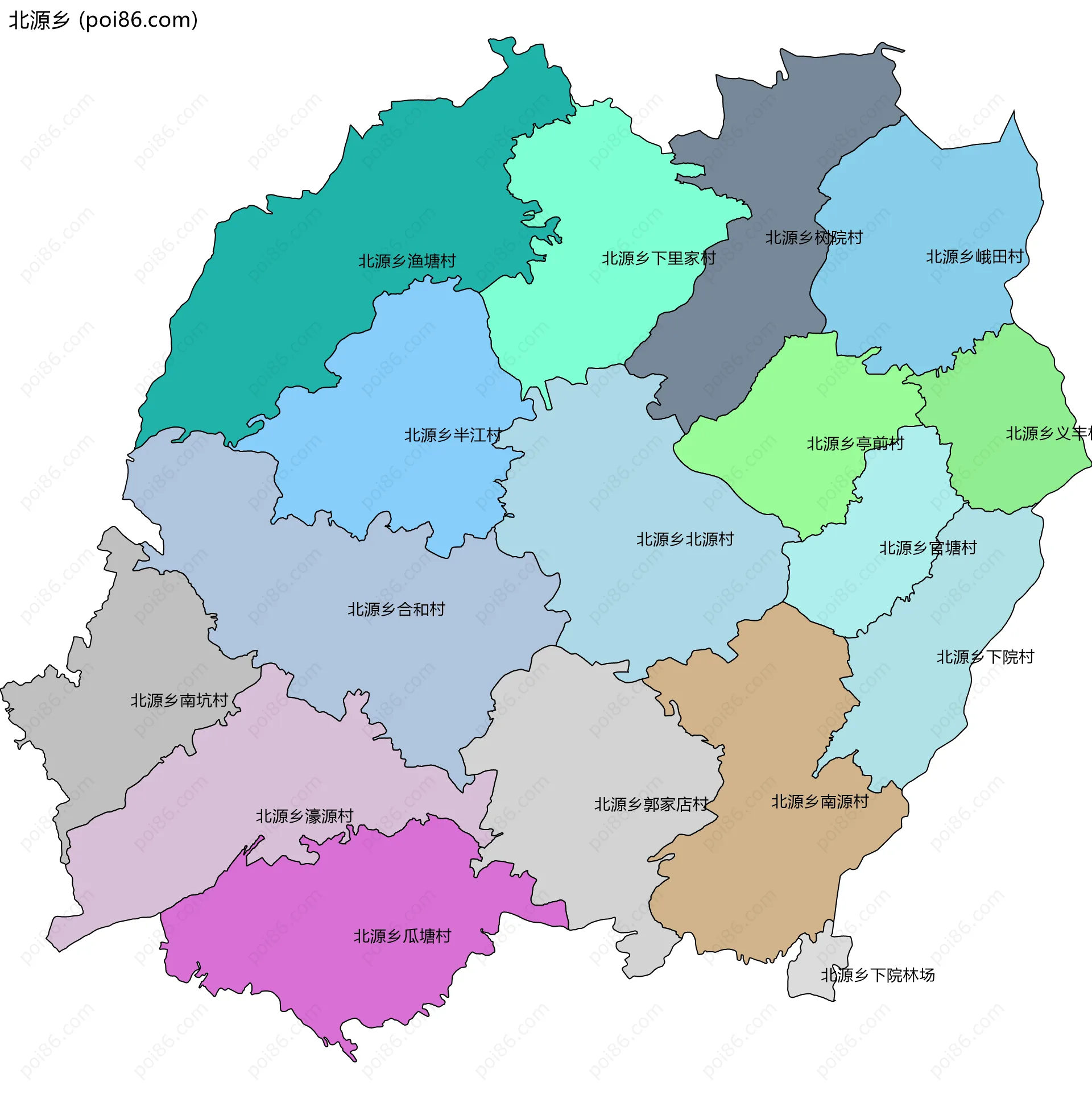 北源乡边界地图(五级行政区划)