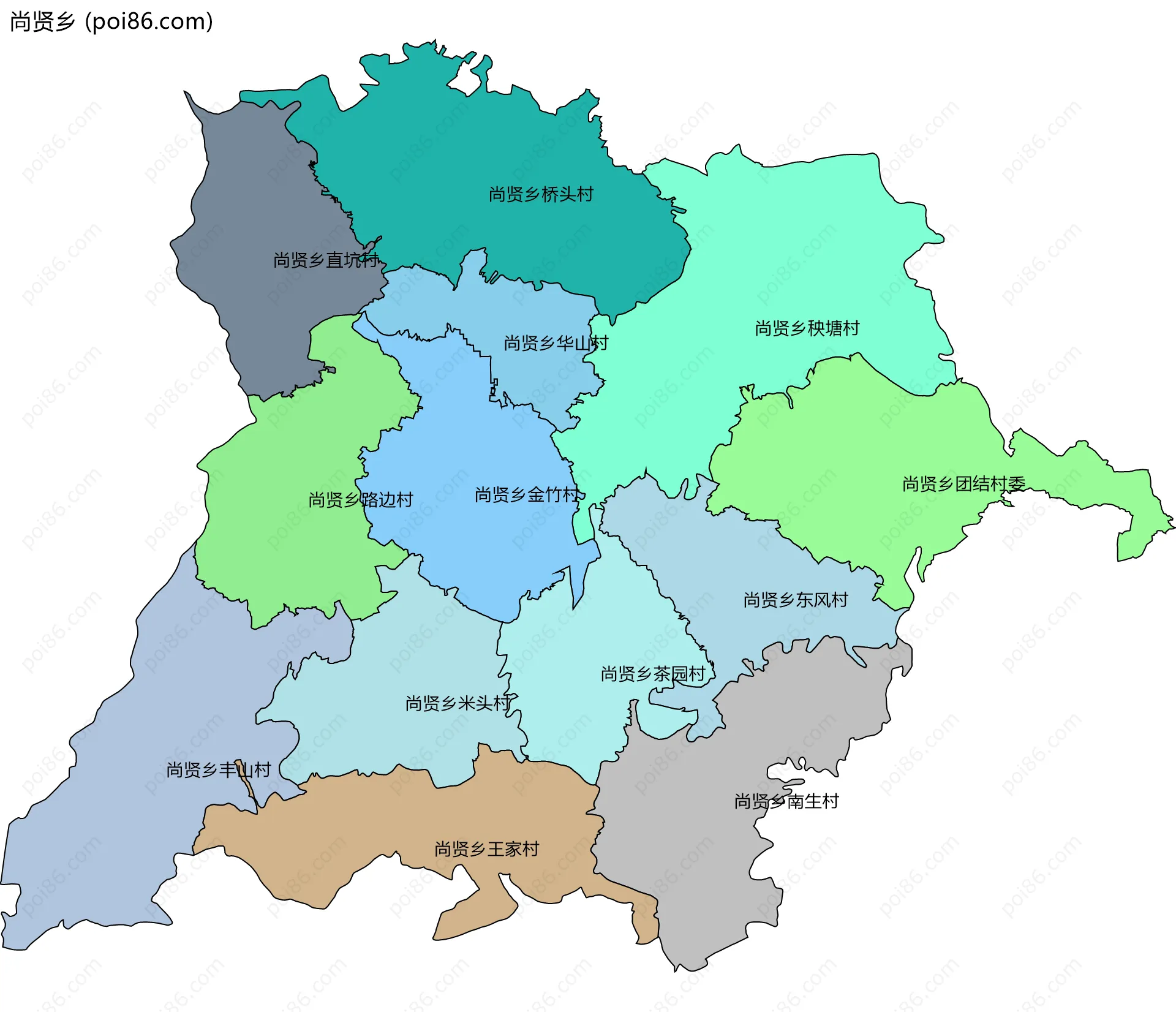 尚贤乡边界地图(五级行政区划)