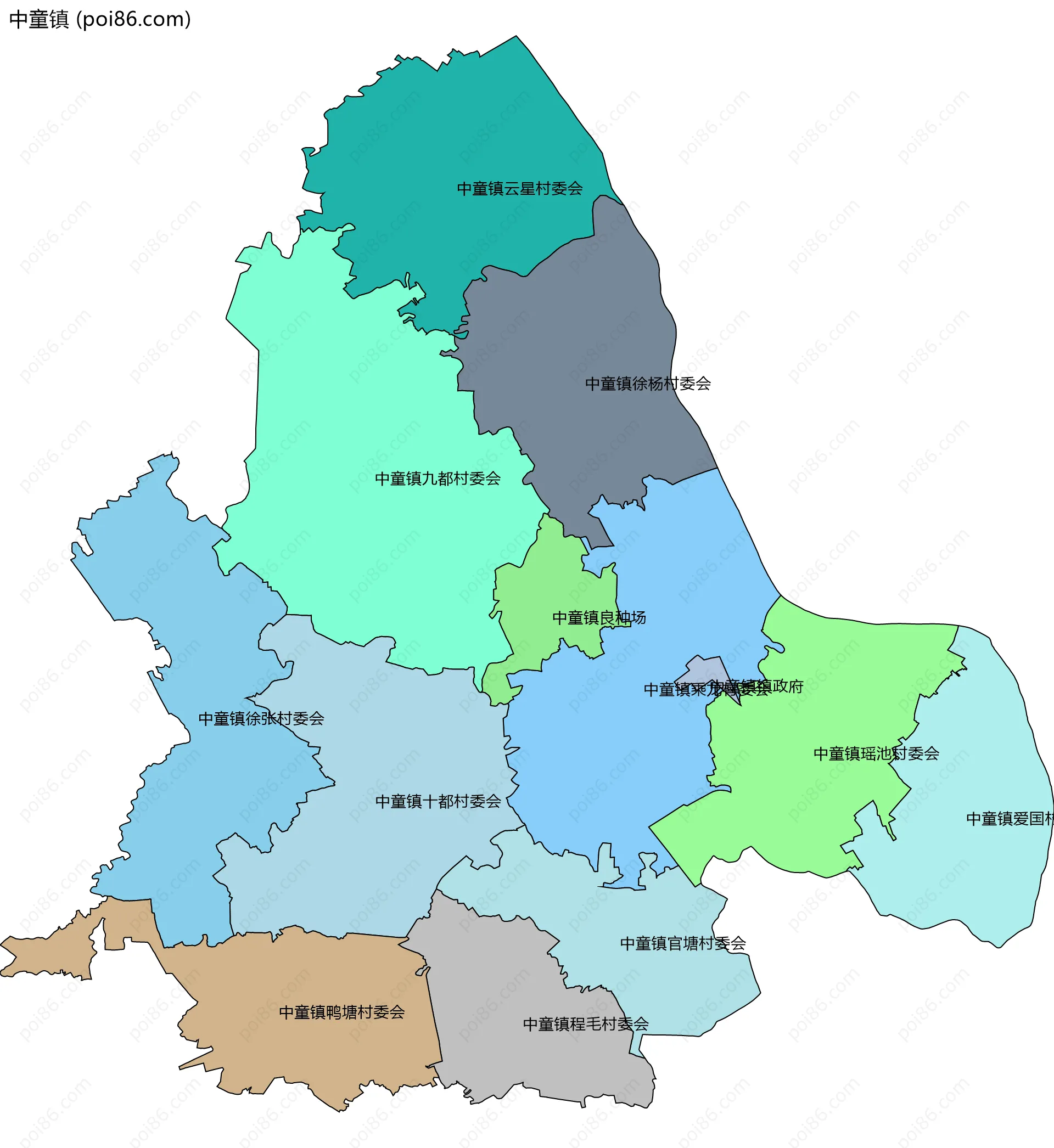 中童镇边界地图(五级行政区划)