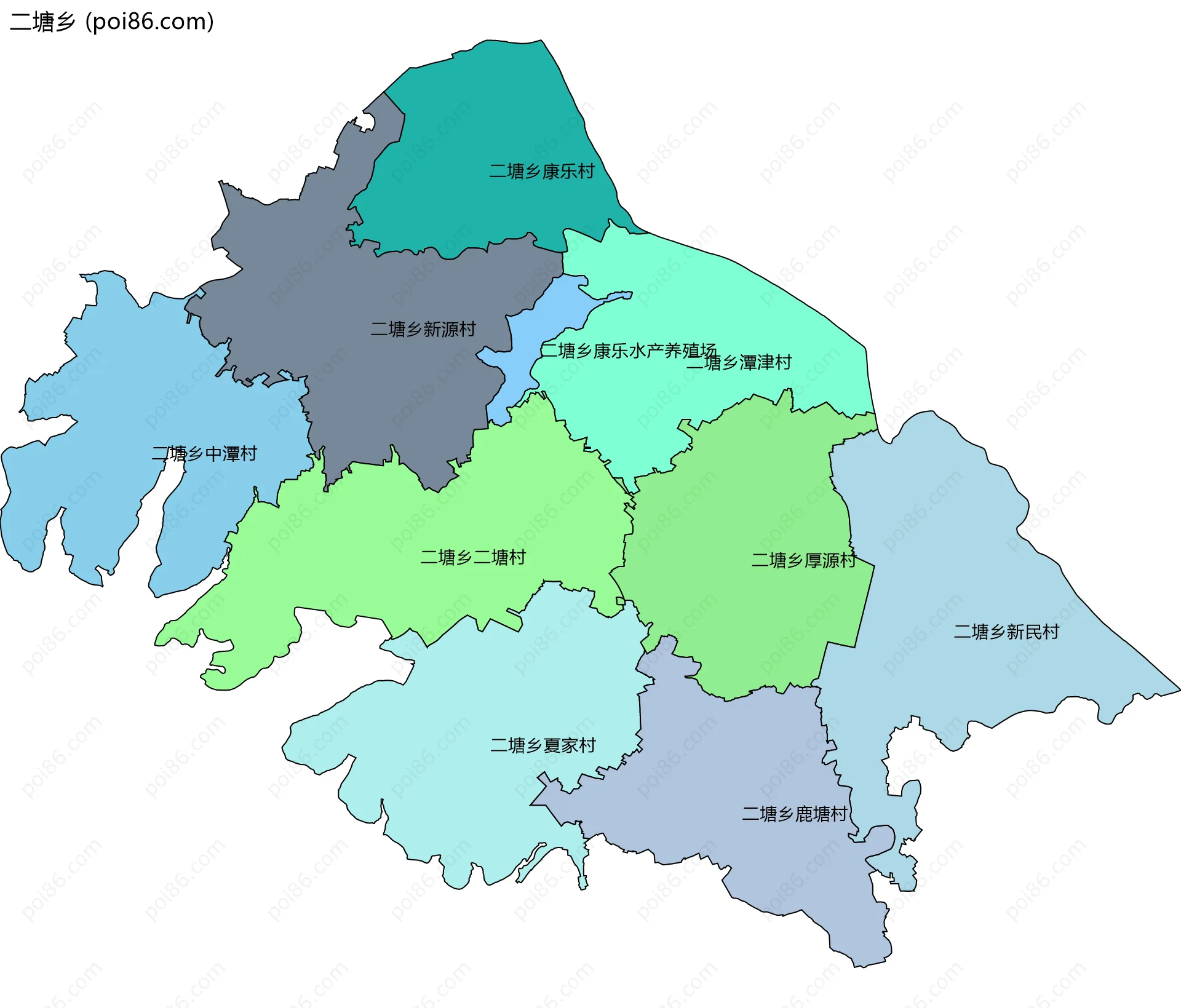 二塘乡边界地图(五级行政区划)