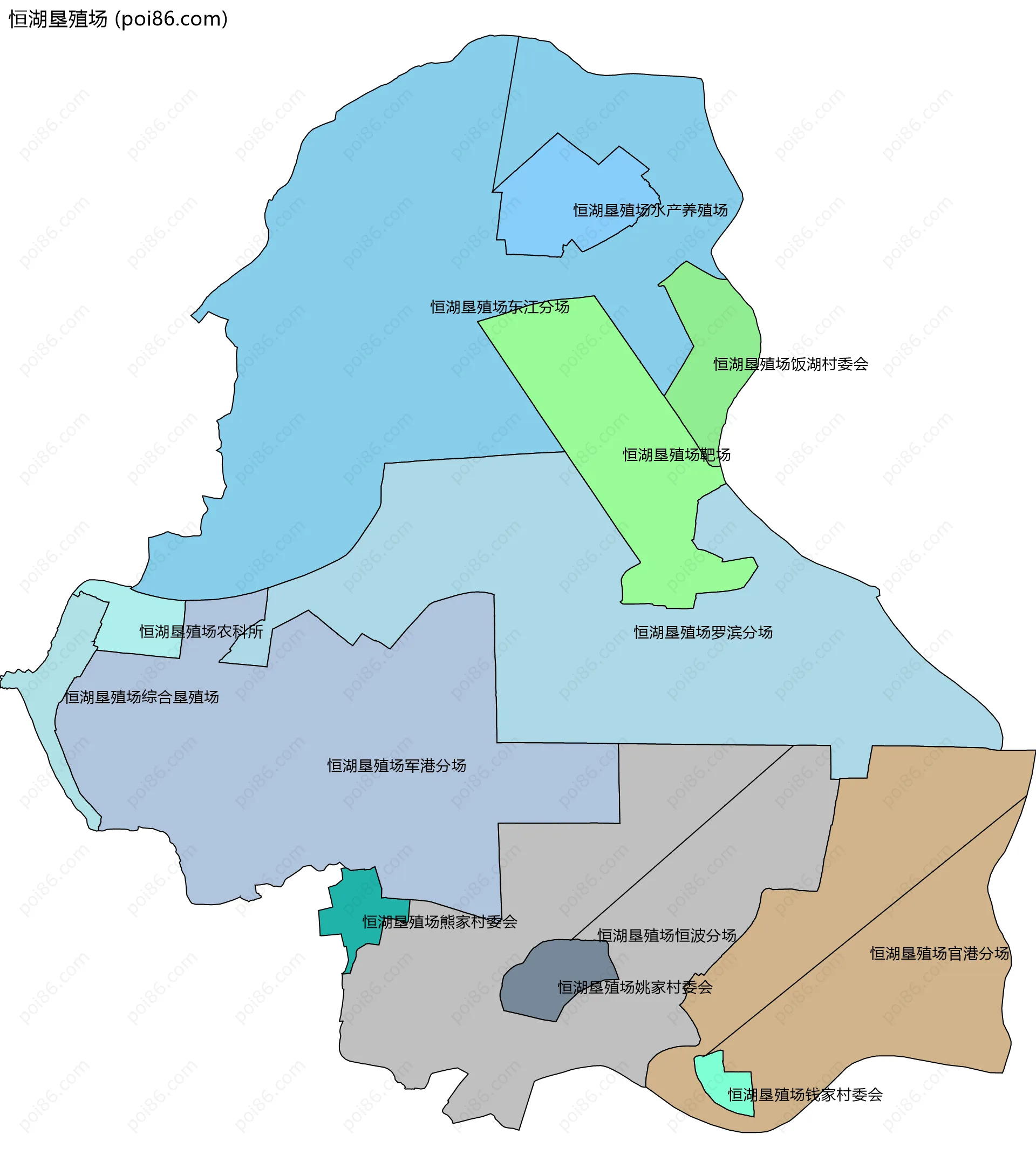 恒湖垦殖场边界地图(五级行政区划)