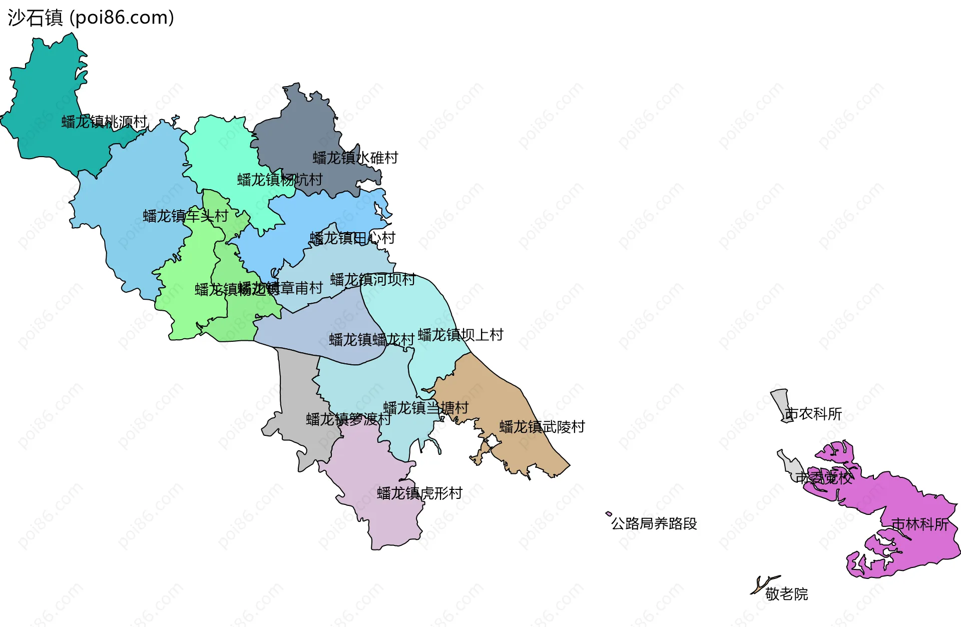 沙石镇边界地图(五级行政区划)