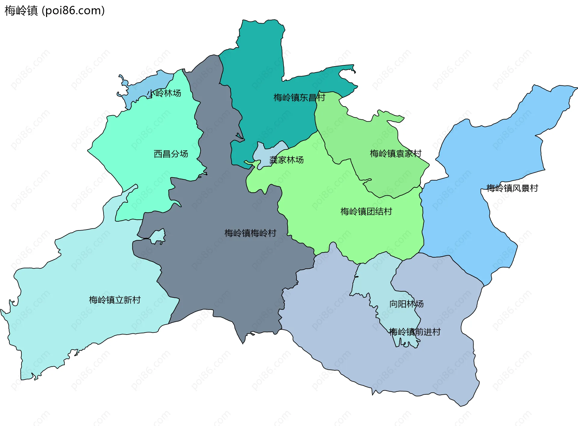 梅岭镇边界地图(五级行政区划)