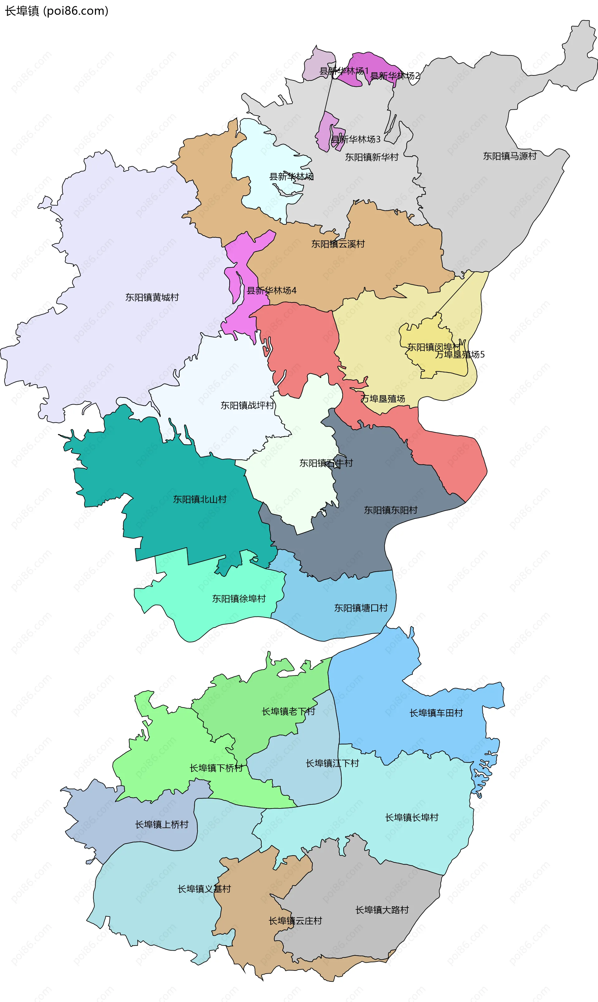 长埠镇边界地图(五级行政区划)