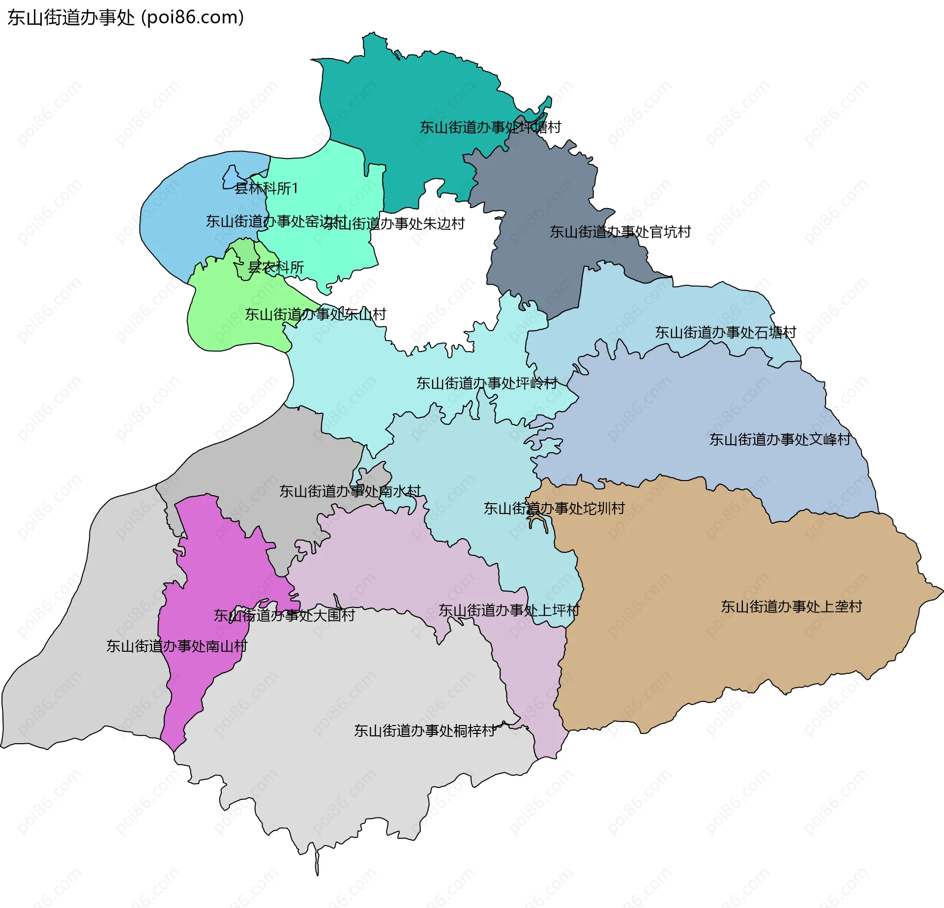 东山街道办事处边界地图(五级行政区划)