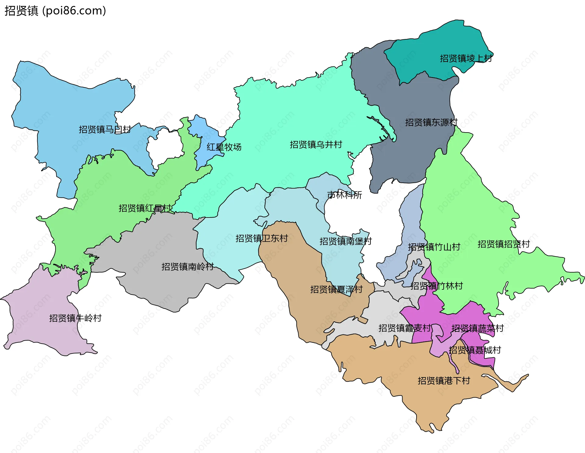 招贤镇边界地图(五级行政区划)
