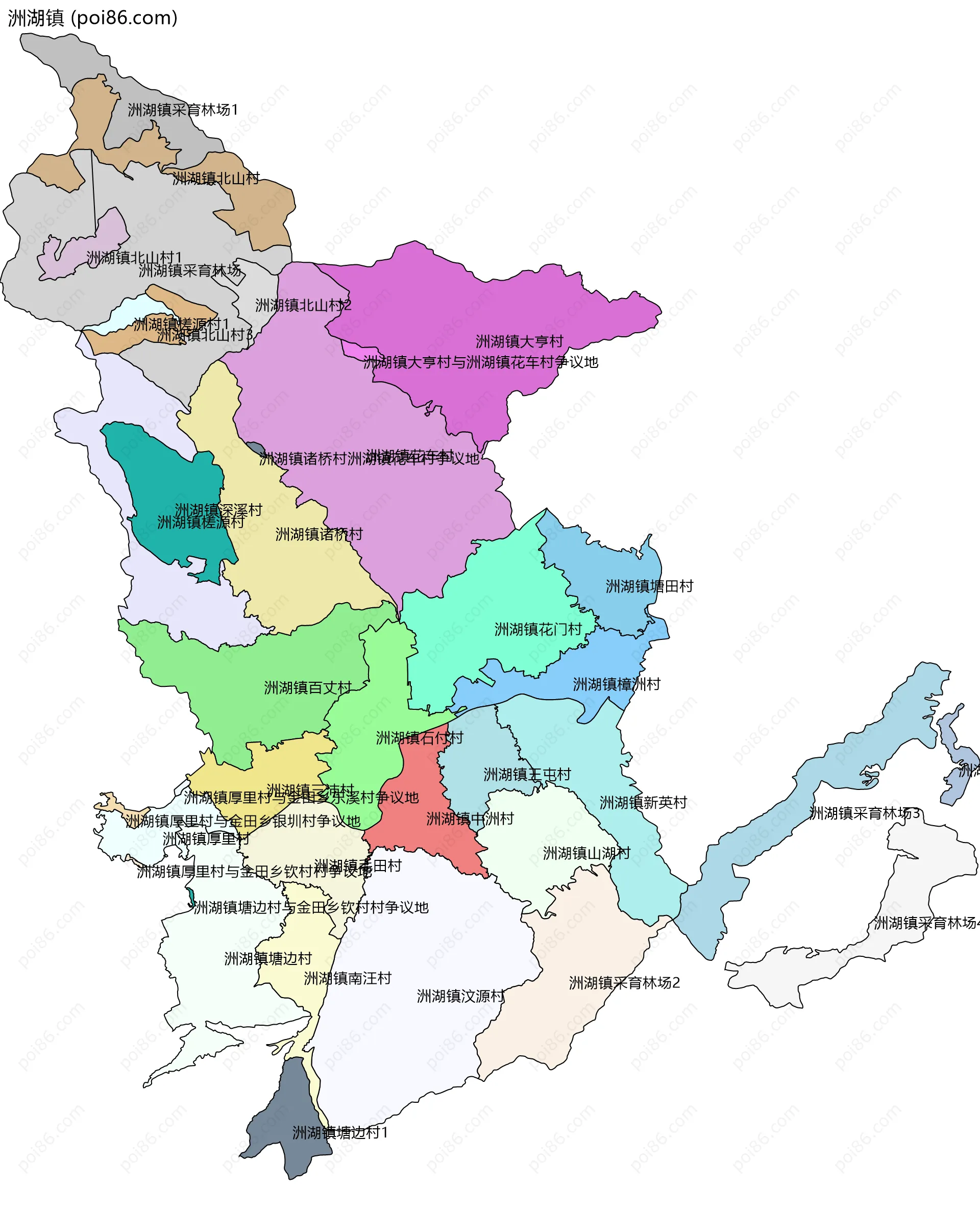 洲湖镇边界地图(五级行政区划)