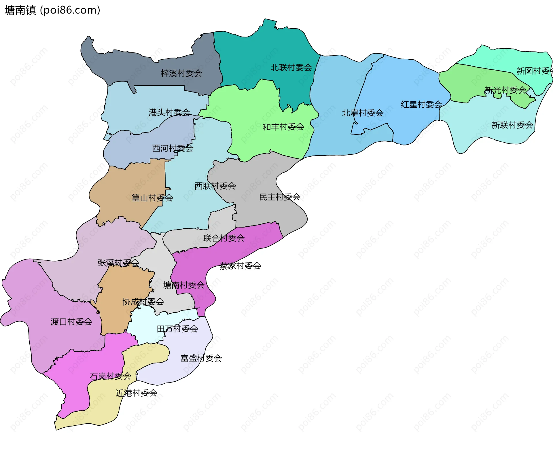 塘南镇边界地图(五级行政区划)