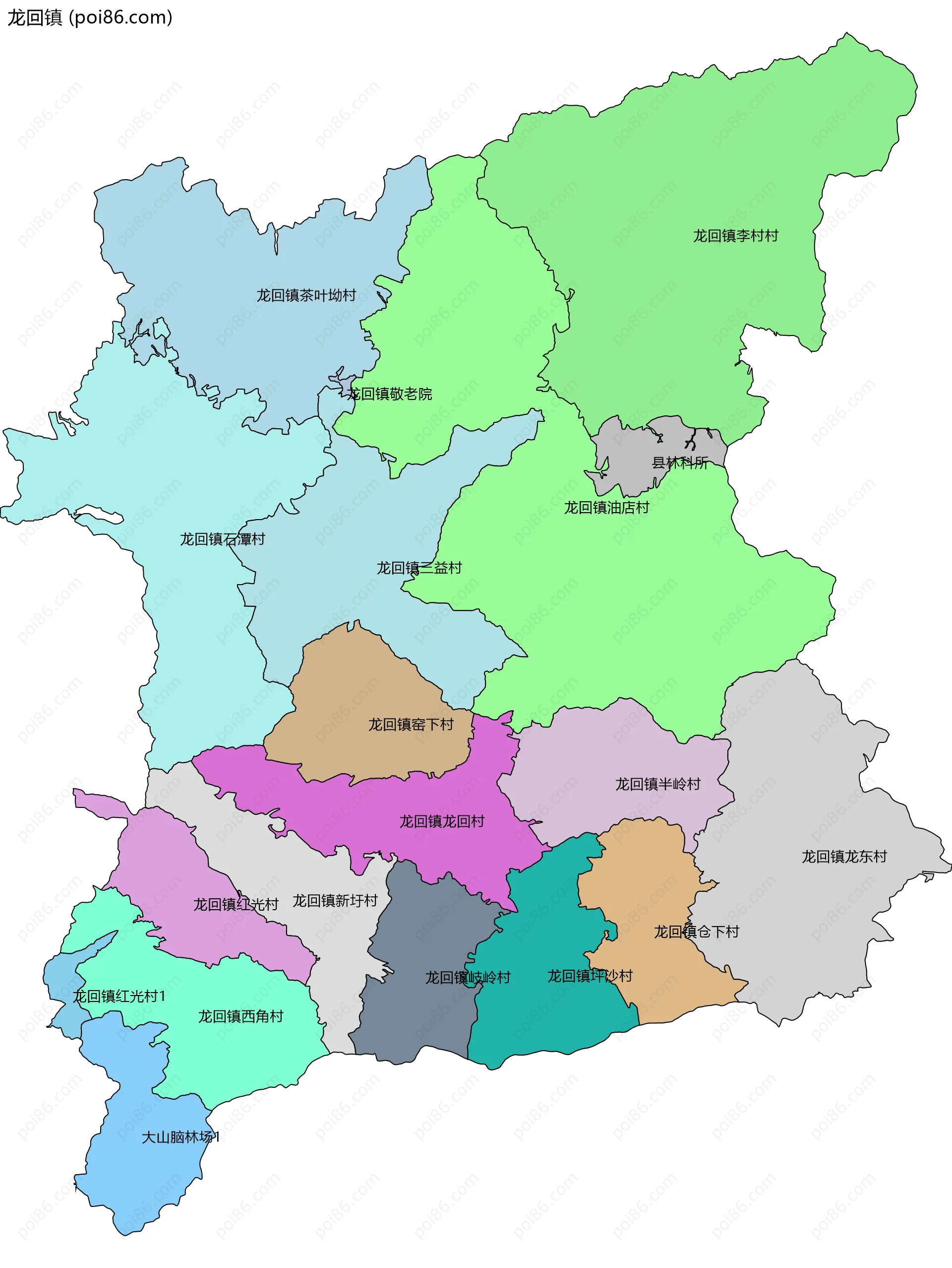 龙回镇边界地图(五级行政区划)