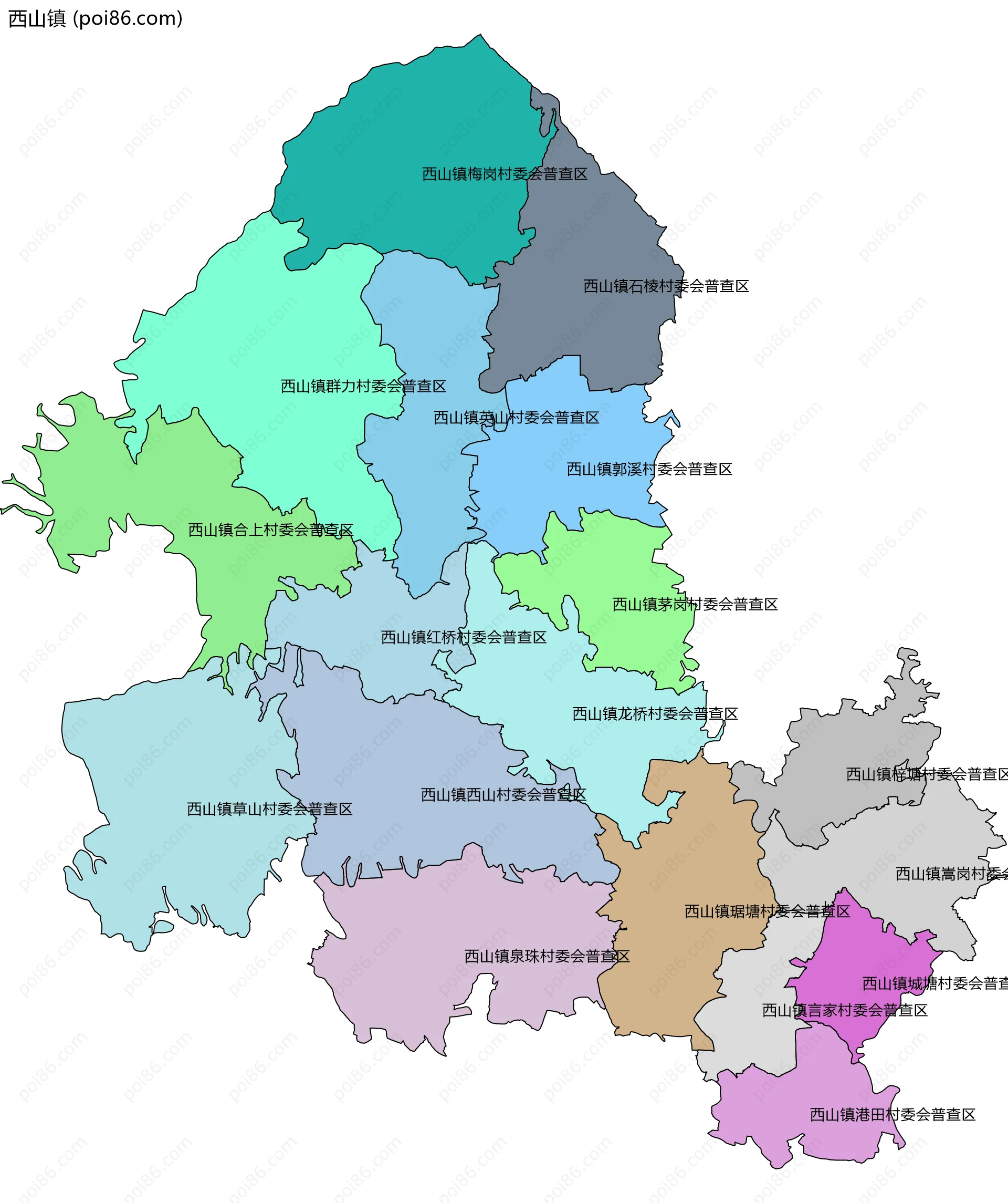 西山镇边界地图(五级行政区划)