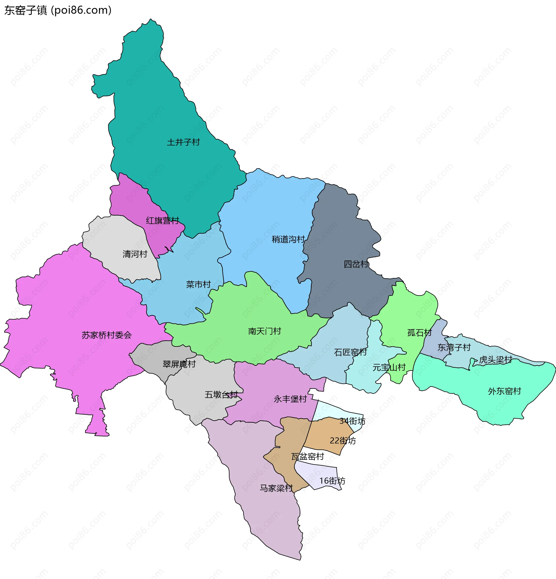 东窑子镇边界地图(五级行政区划)