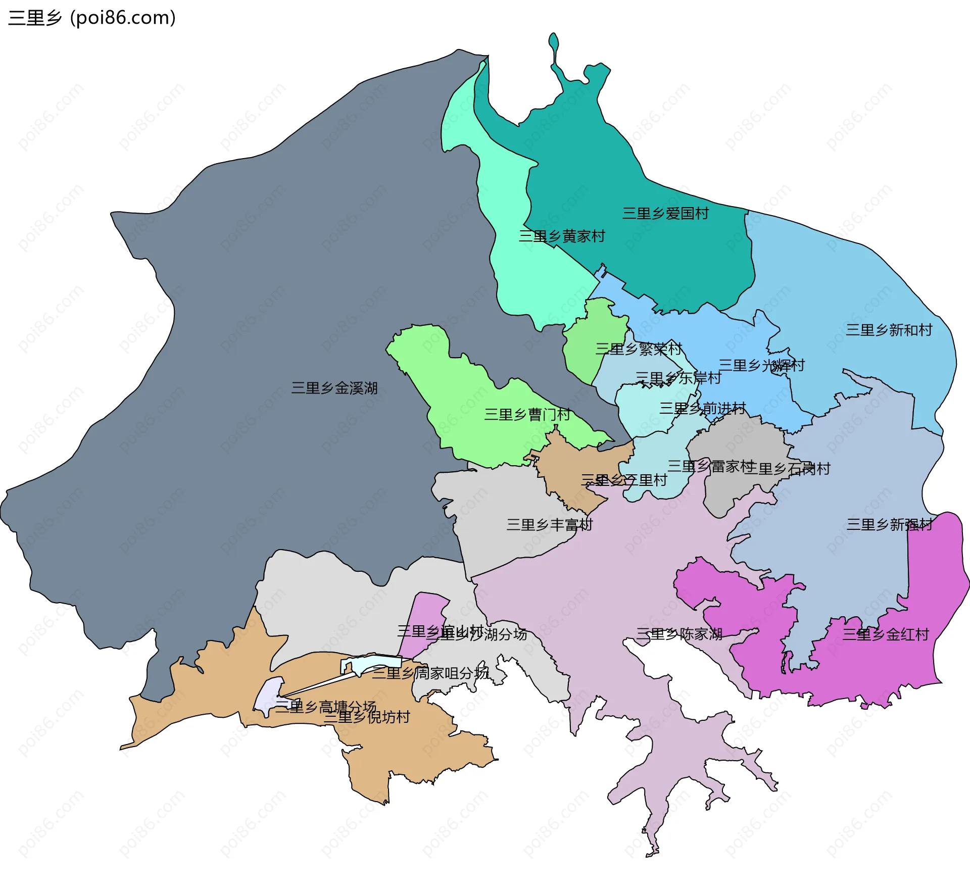 三里乡边界地图(五级行政区划)