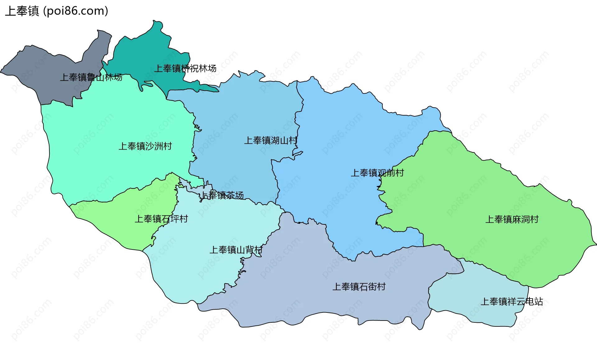 上奉镇边界地图(五级行政区划)