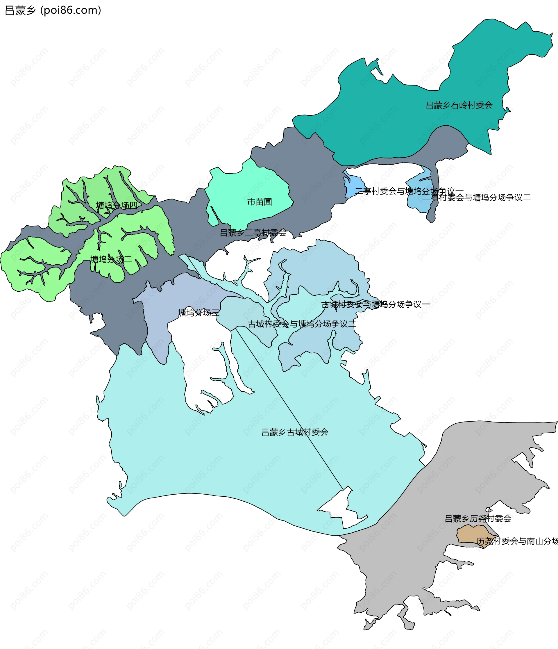 吕蒙乡边界地图(五级行政区划)