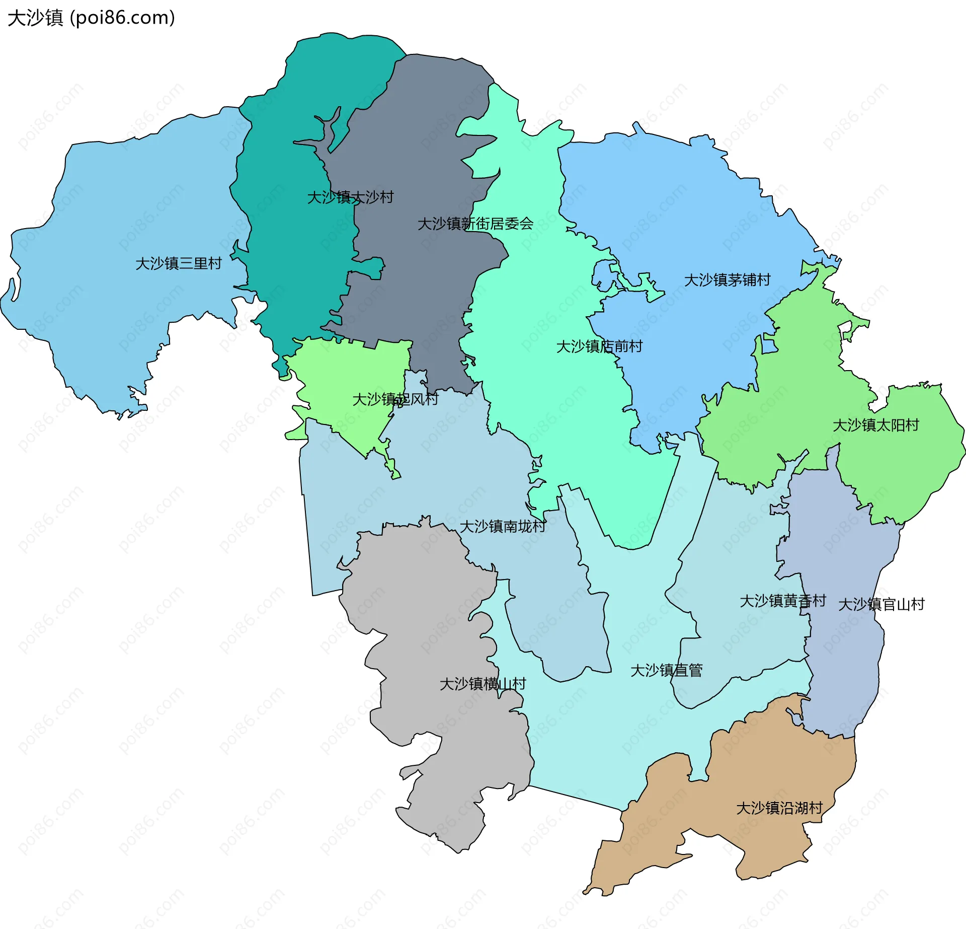 大沙镇边界地图(五级行政区划)