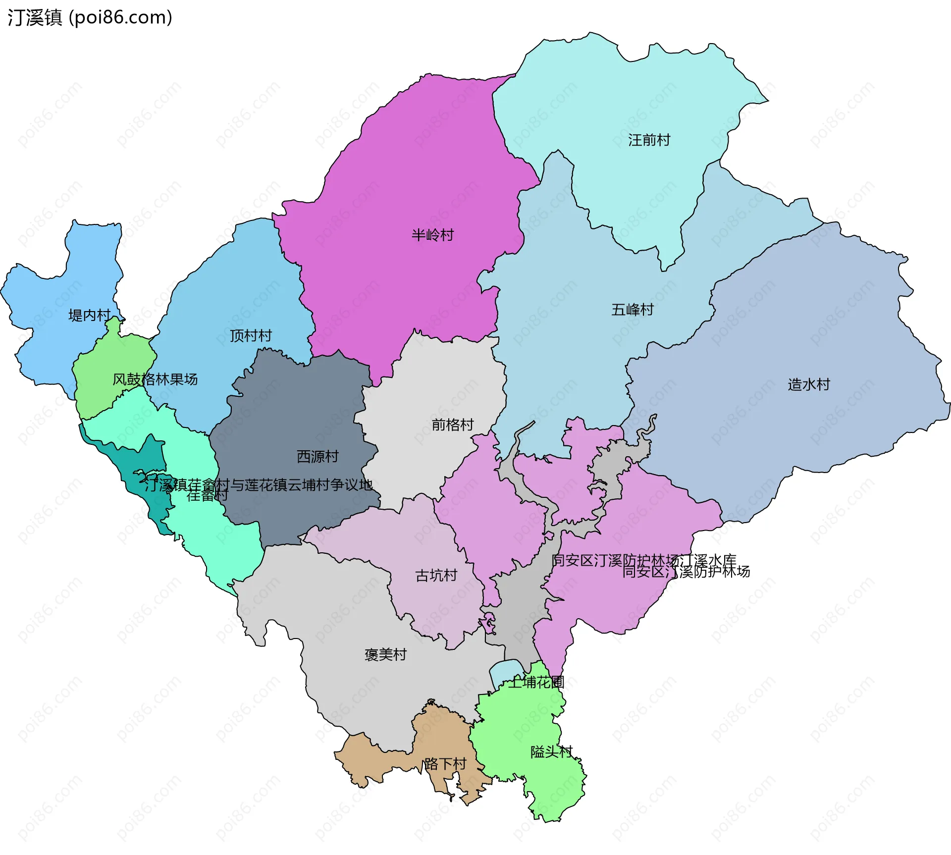 汀溪镇边界地图(五级行政区划)