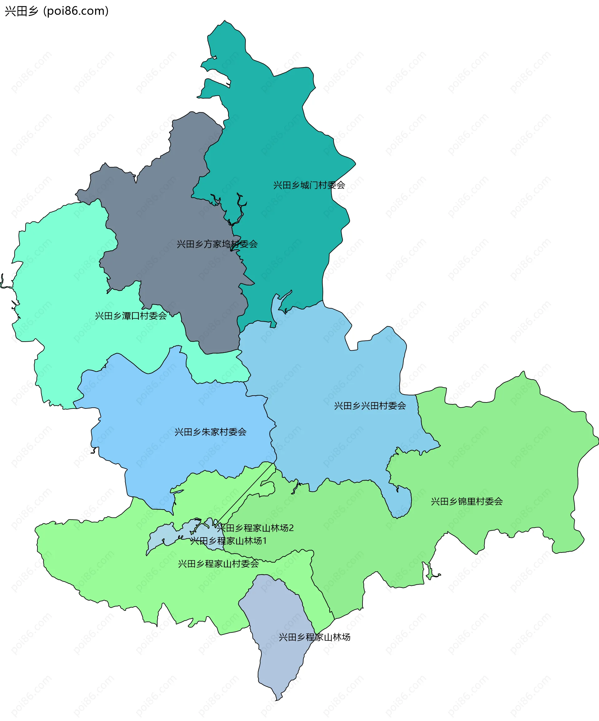 兴田乡边界地图(五级行政区划)