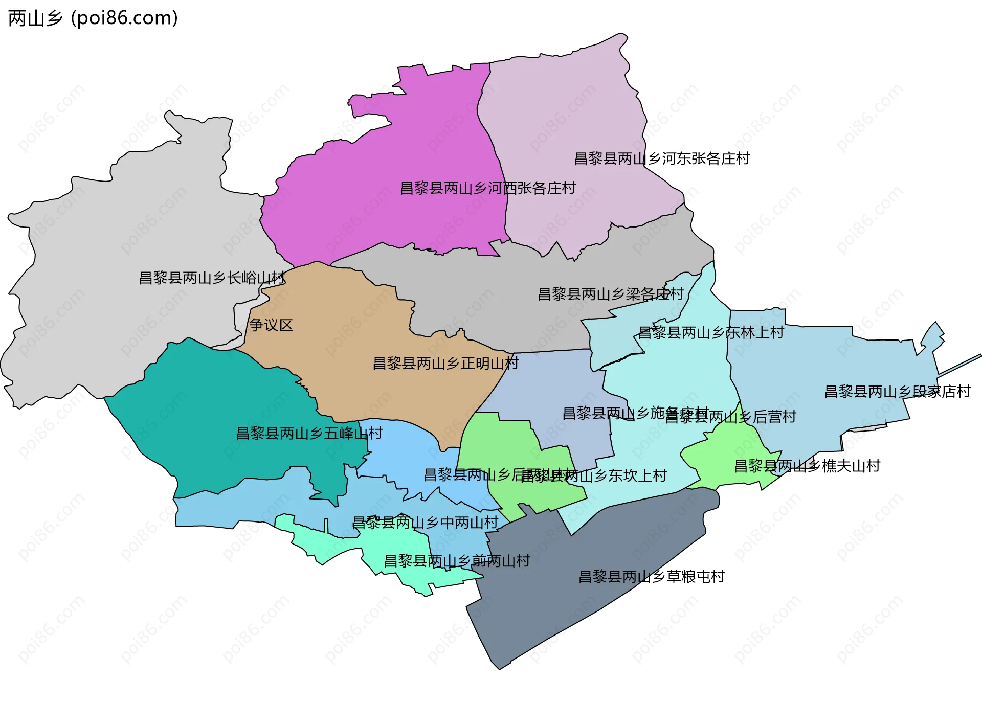 两山乡边界地图(五级行政区划)