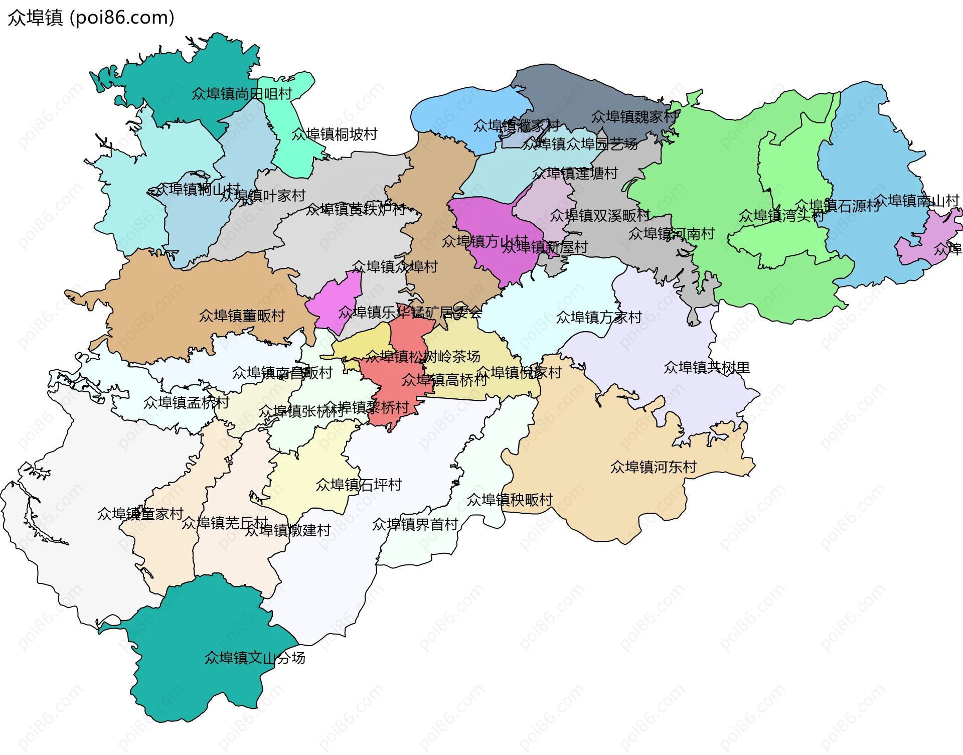 众埠镇边界地图(五级行政区划)