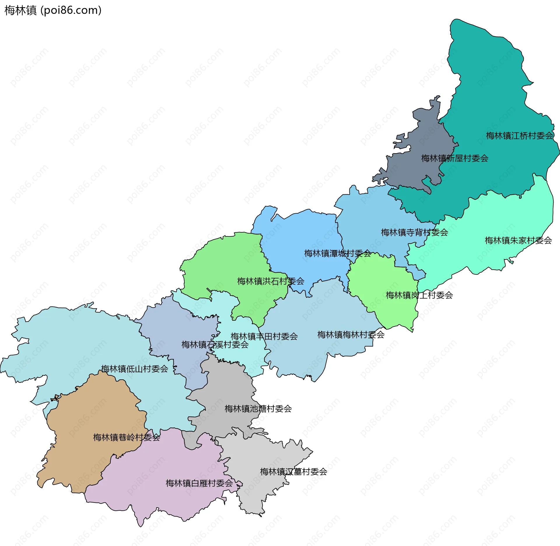 梅林镇边界地图(五级行政区划)
