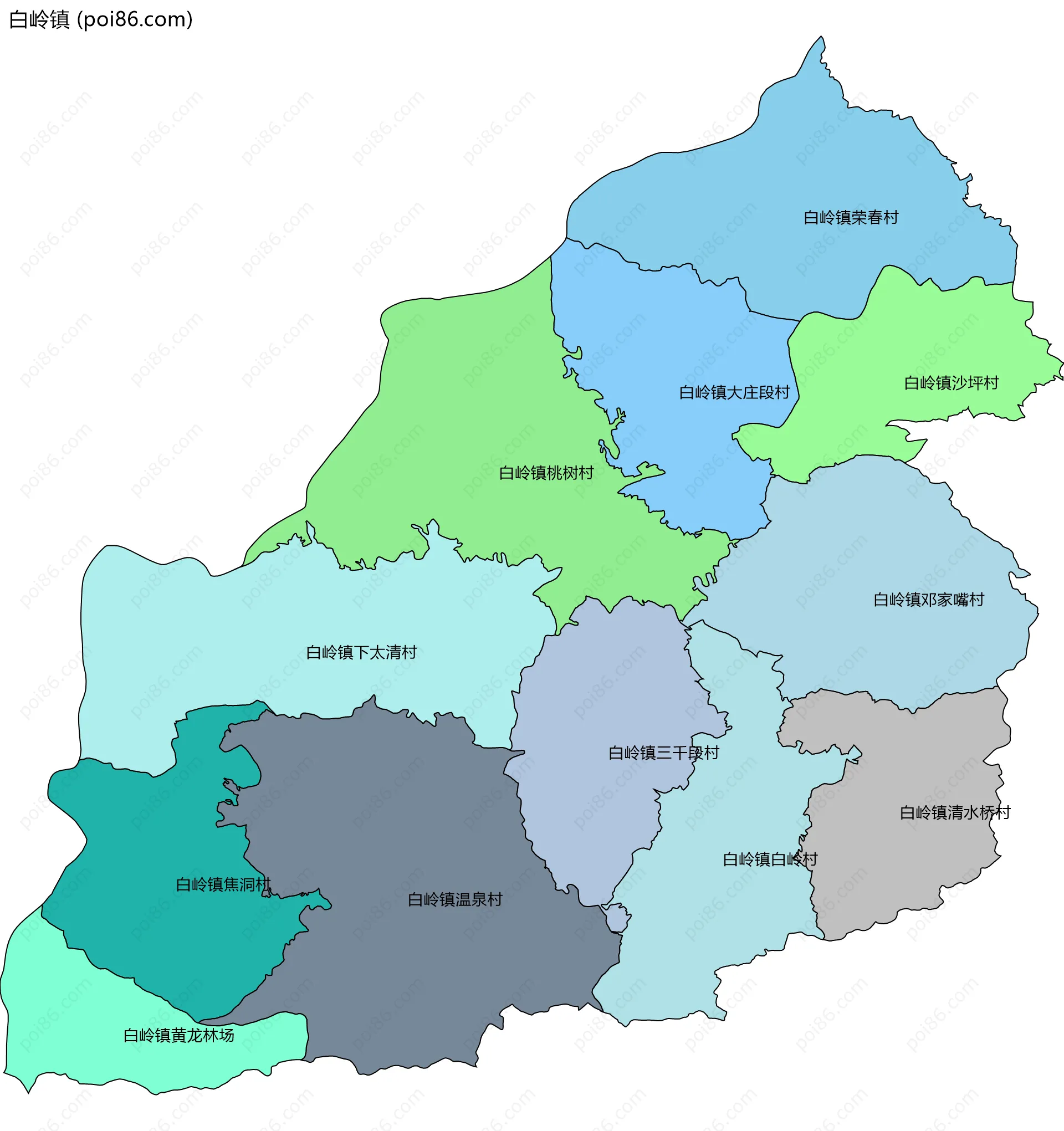 白岭镇边界地图(五级行政区划)