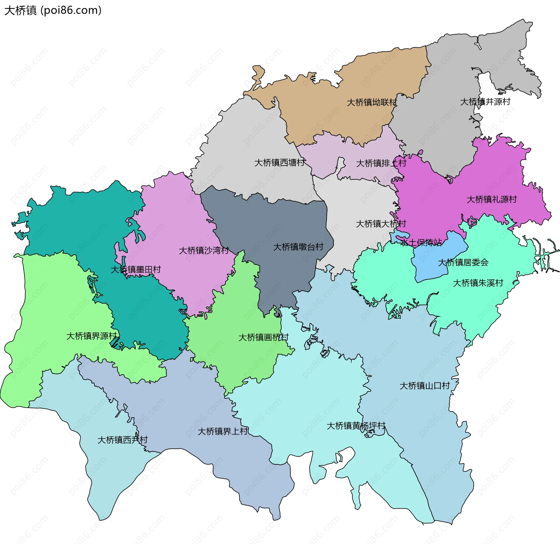 大桥镇边界地图(五级行政区划)