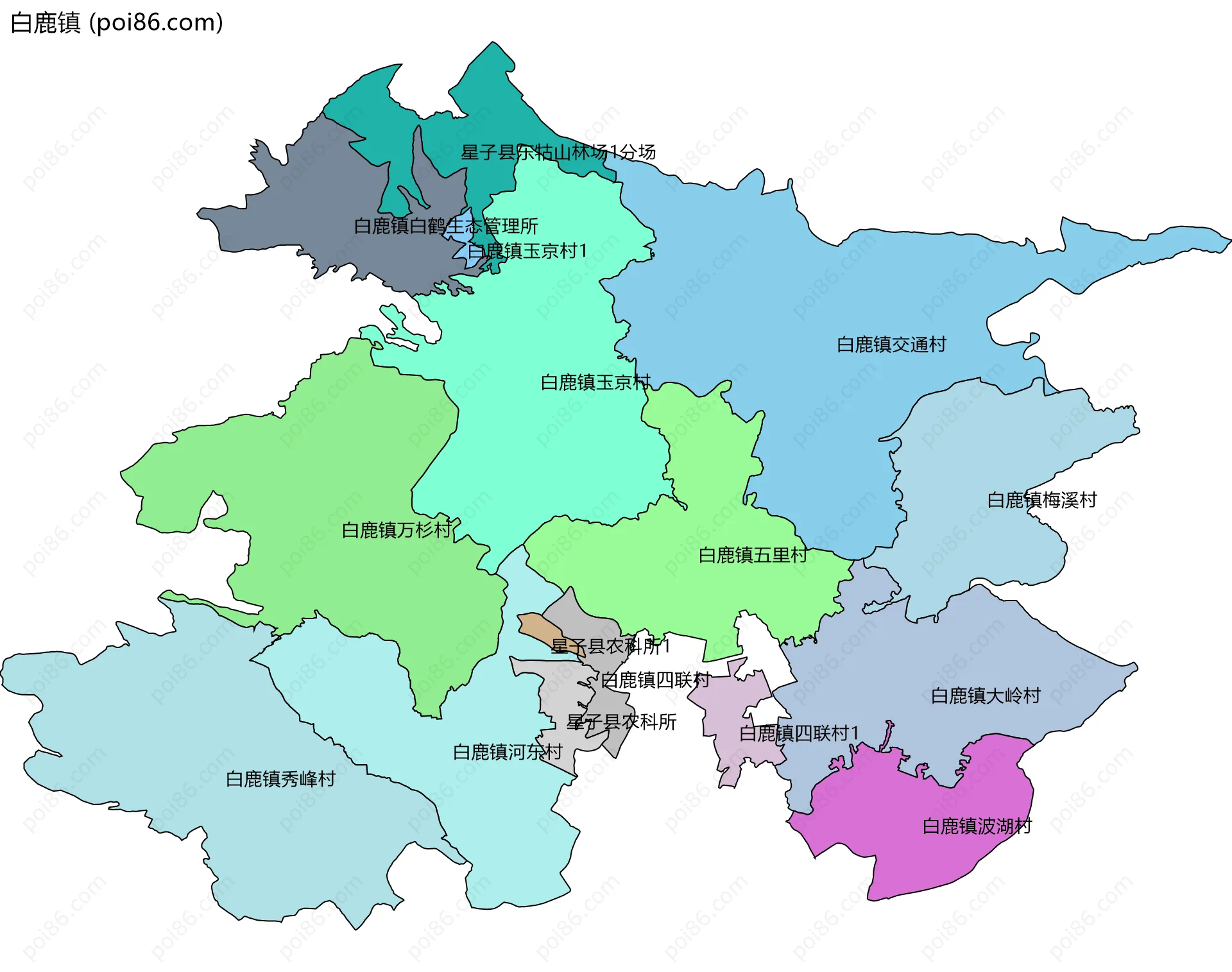 白鹿镇边界地图(五级行政区划)
