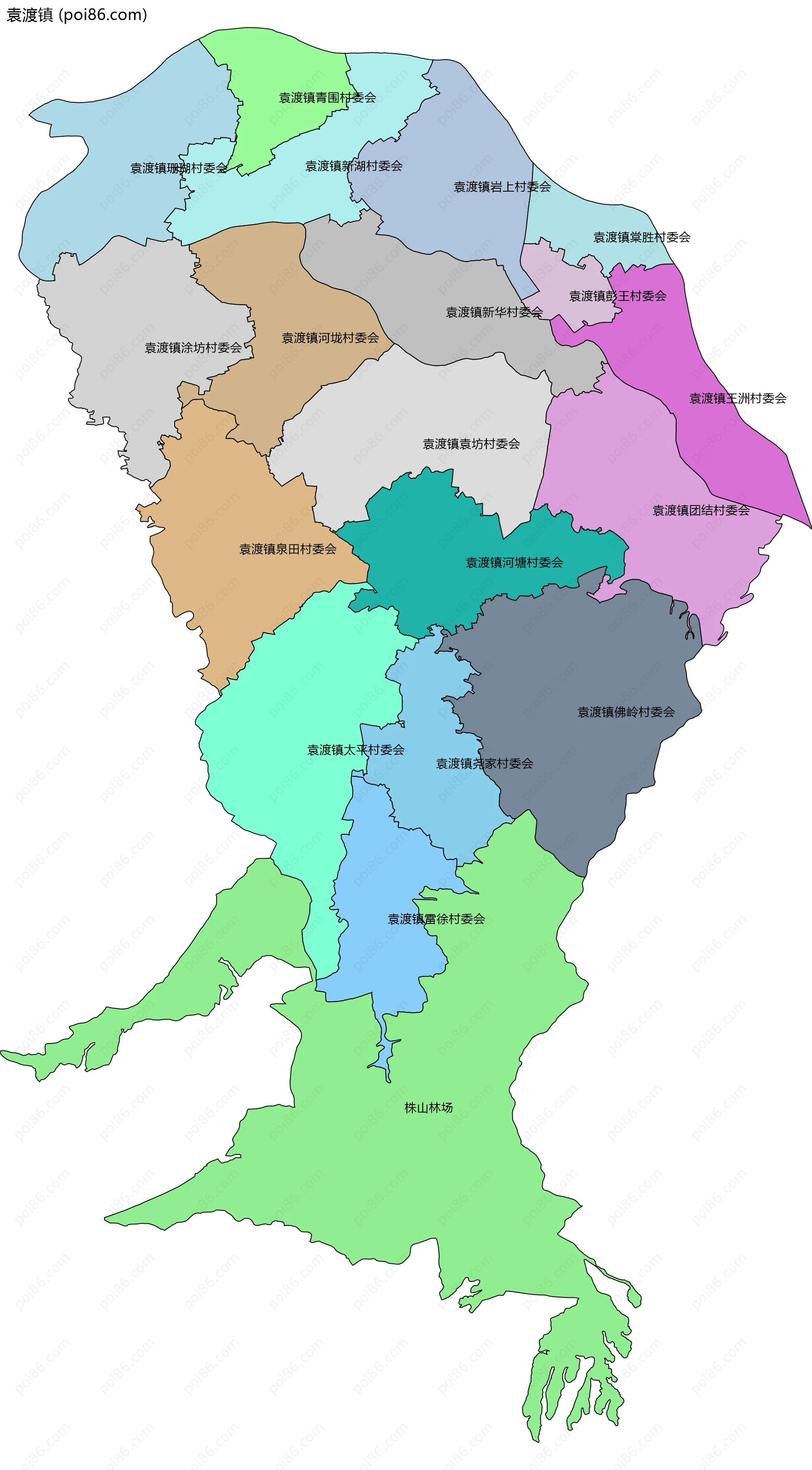 袁渡镇边界地图(五级行政区划)