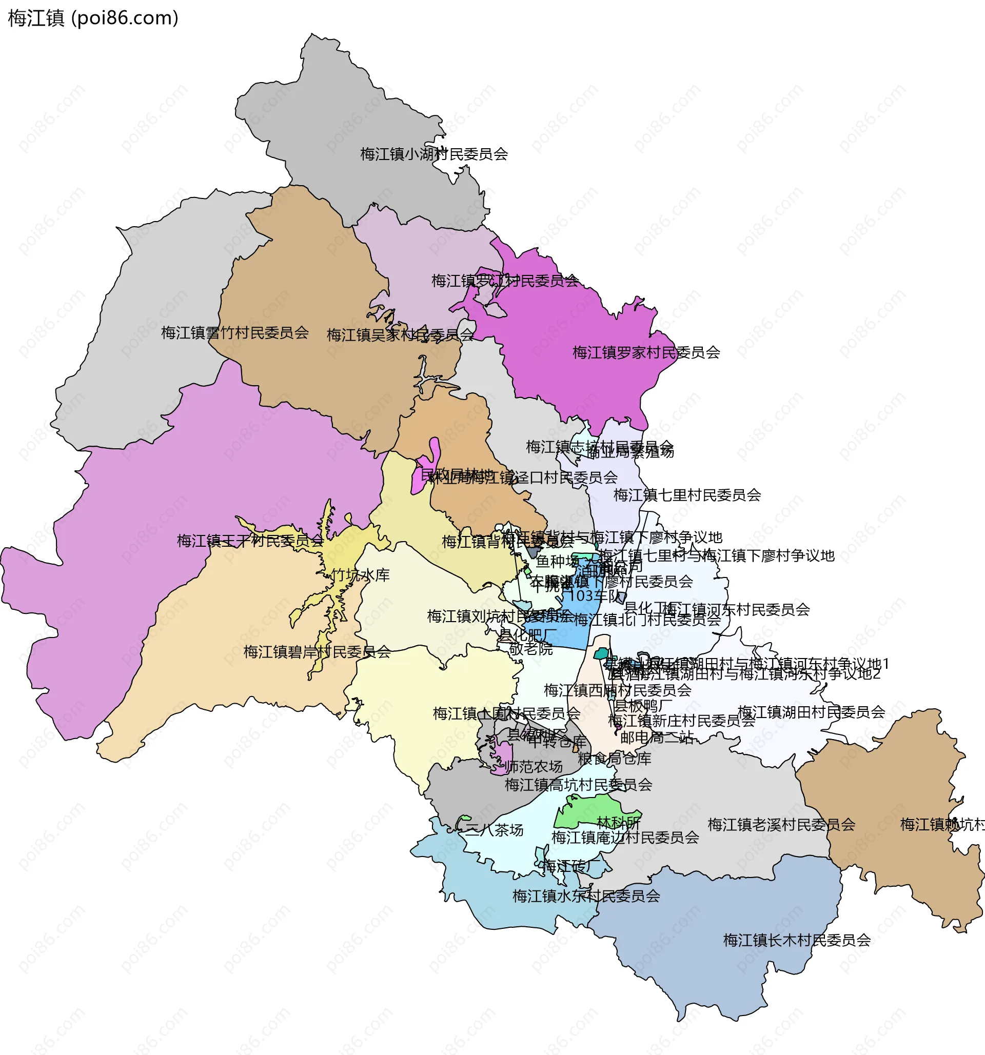 梅江镇边界地图(五级行政区划)