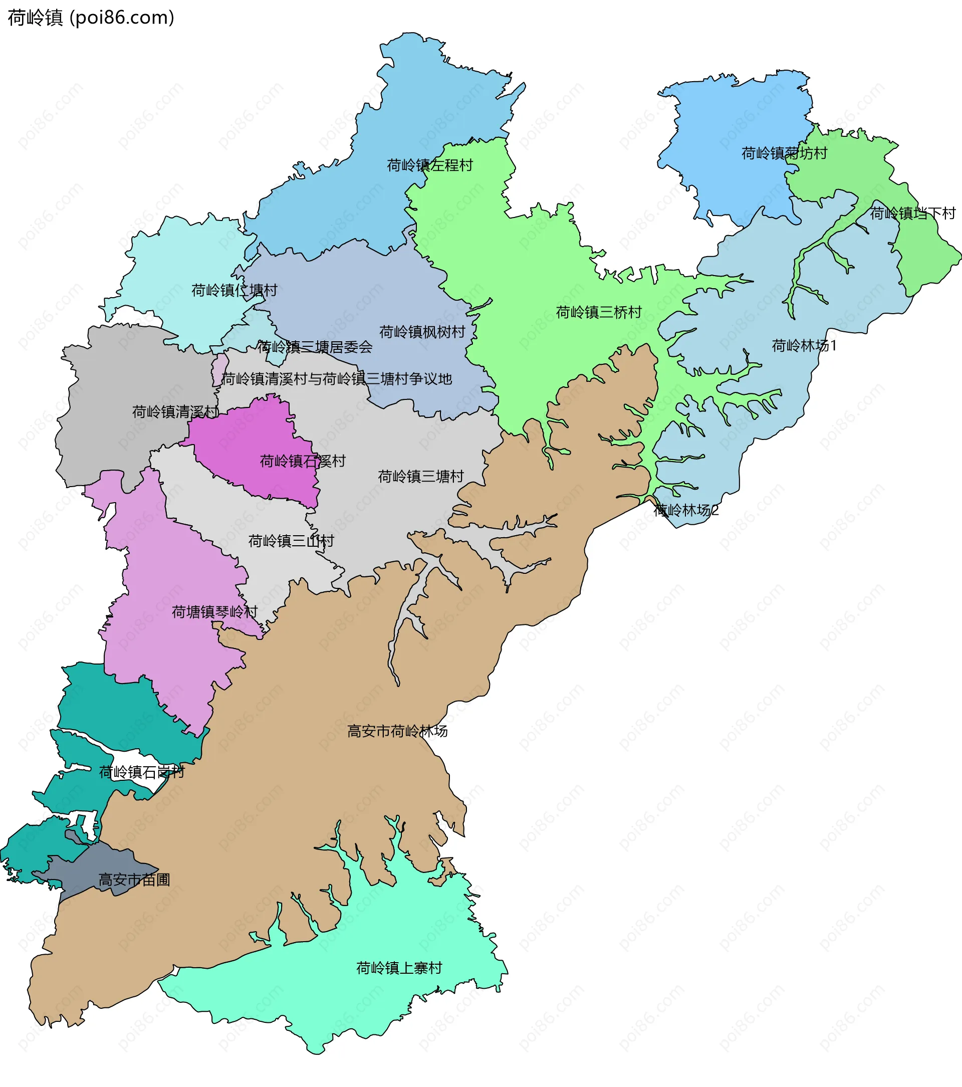 荷岭镇边界地图(五级行政区划)