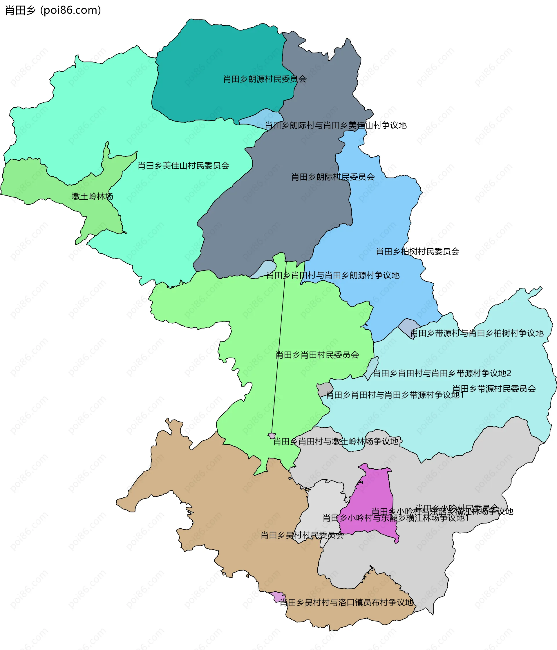 肖田乡边界地图(五级行政区划)