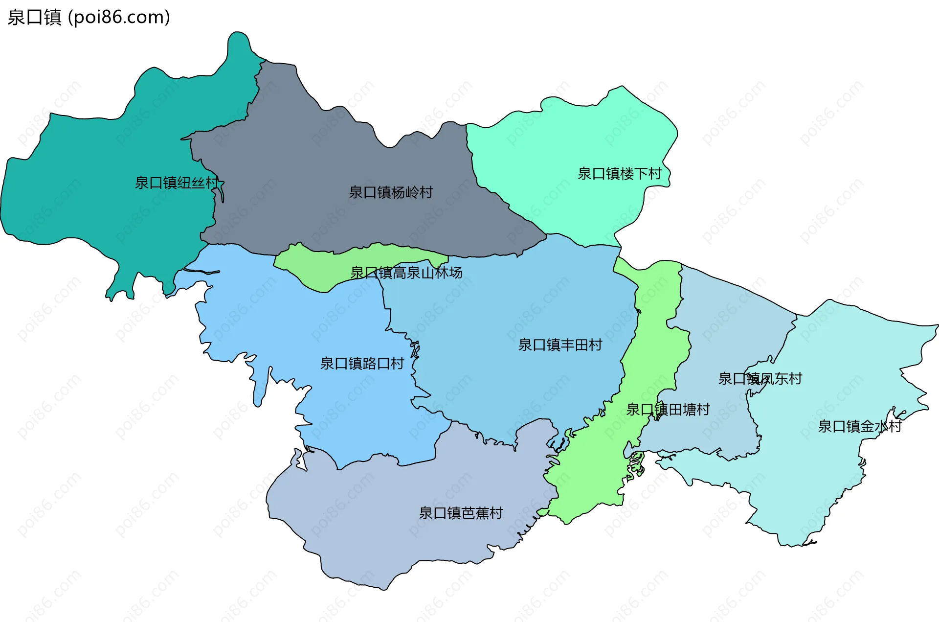 泉口镇边界地图(五级行政区划)