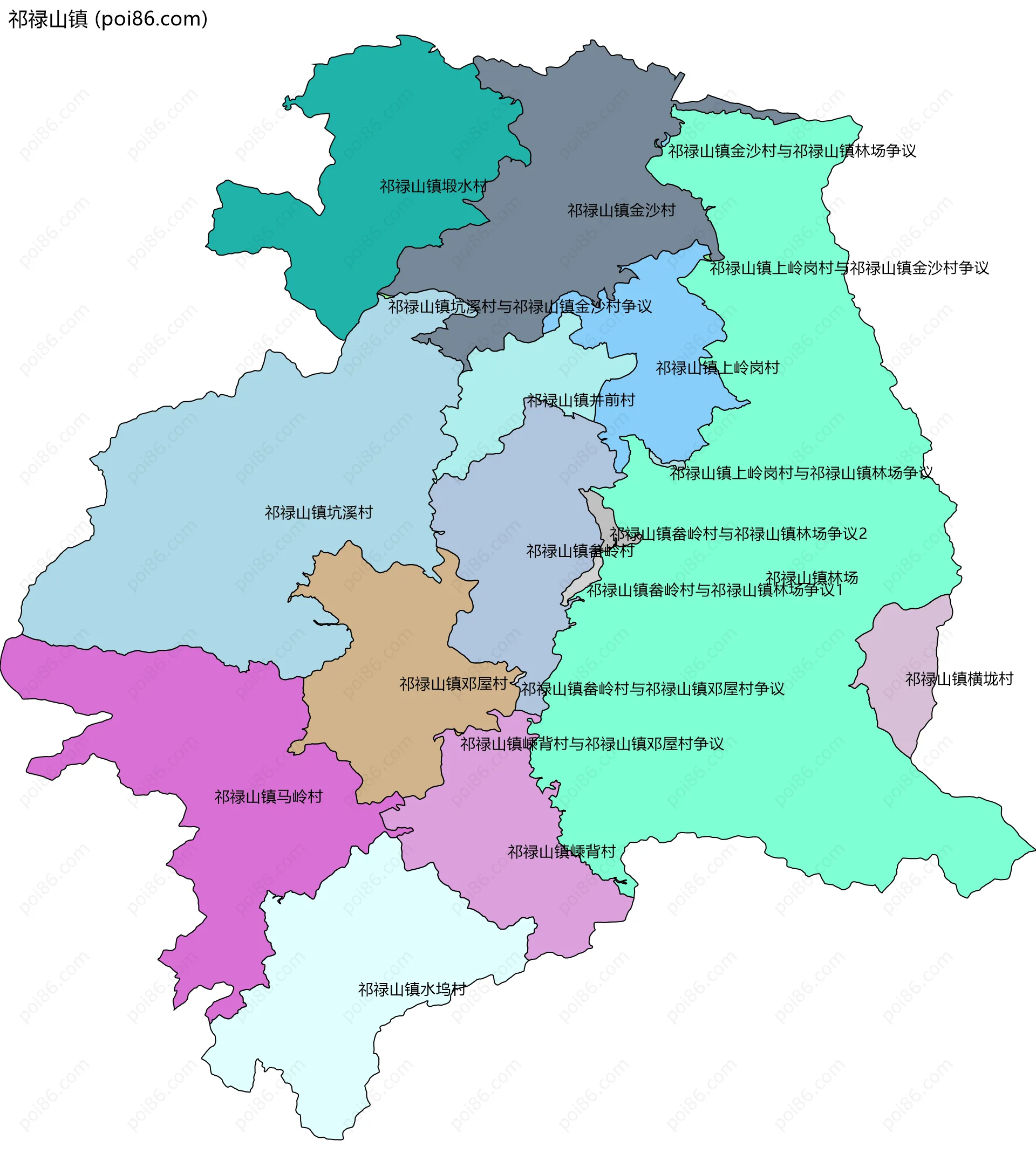 祁禄山镇边界地图(五级行政区划)