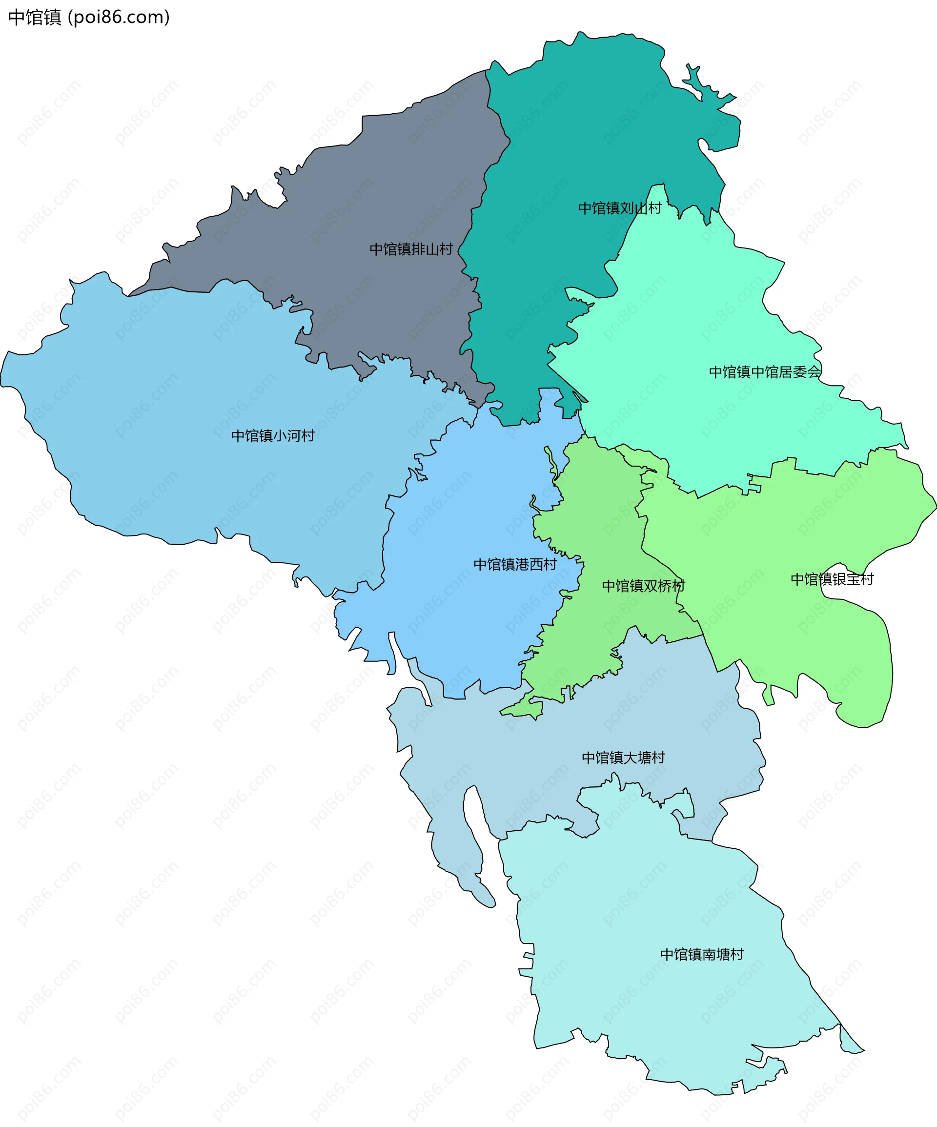 中馆镇边界地图(五级行政区划)