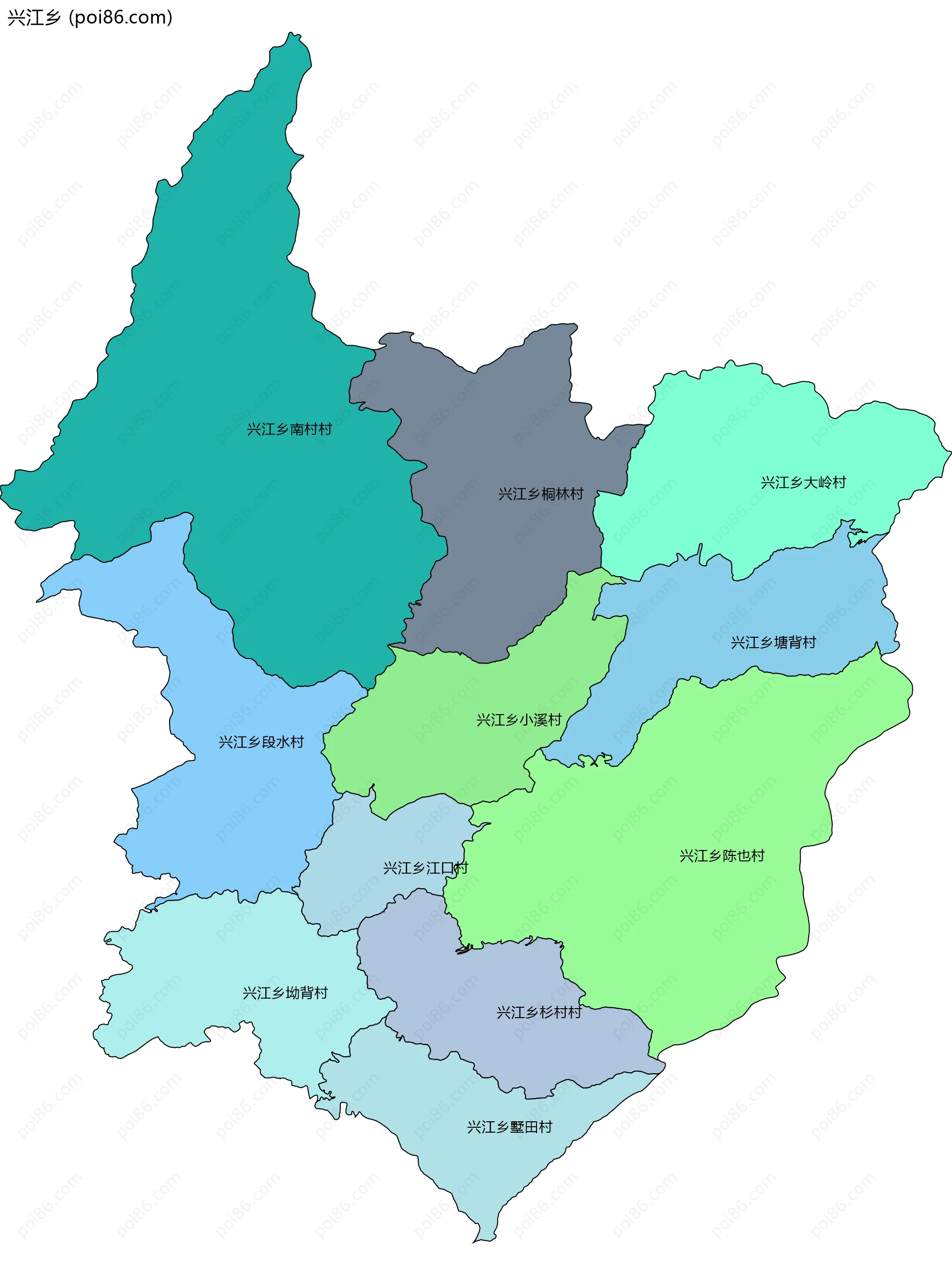 兴江乡边界地图(五级行政区划)