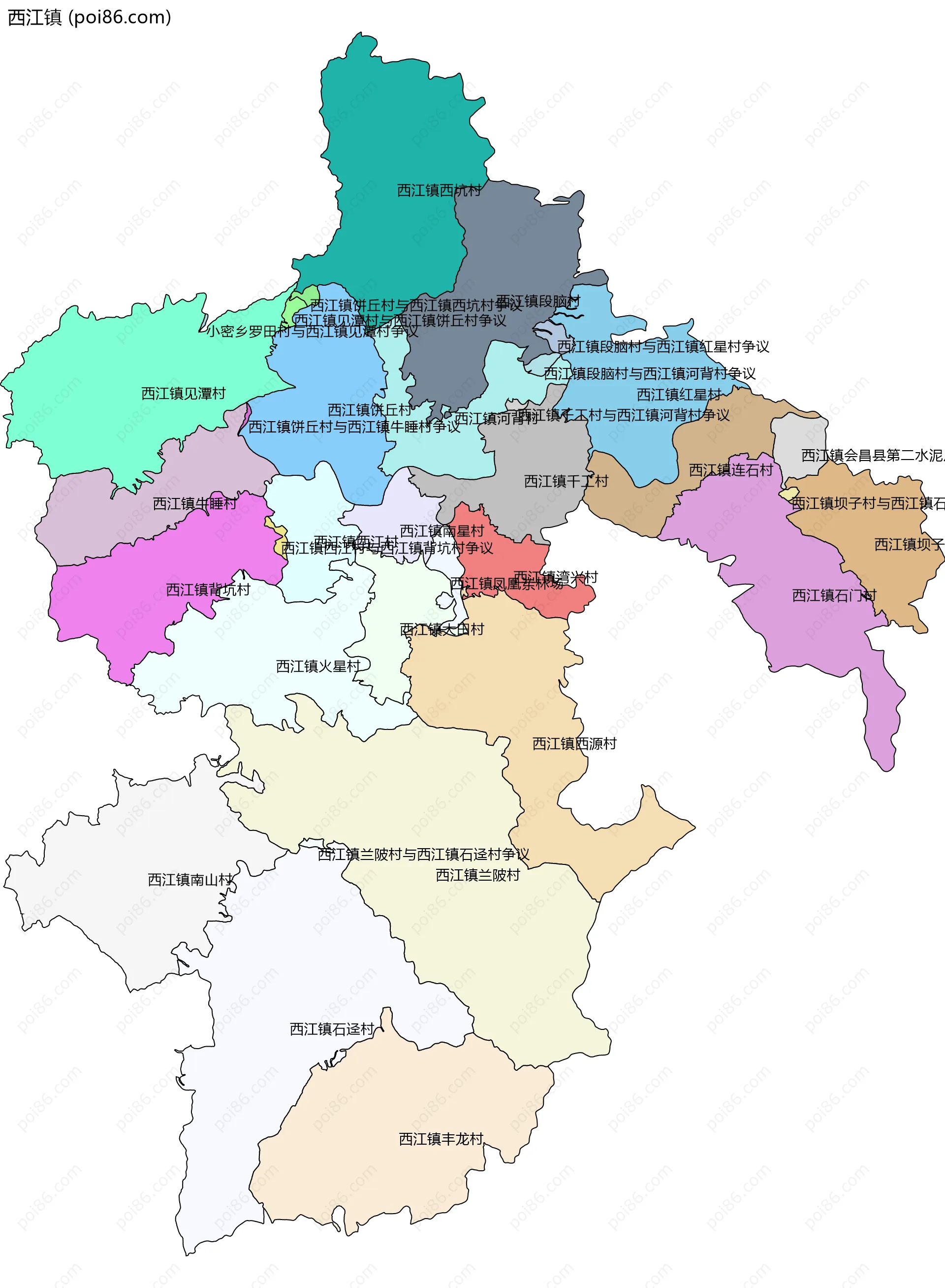 西江镇边界地图(五级行政区划)