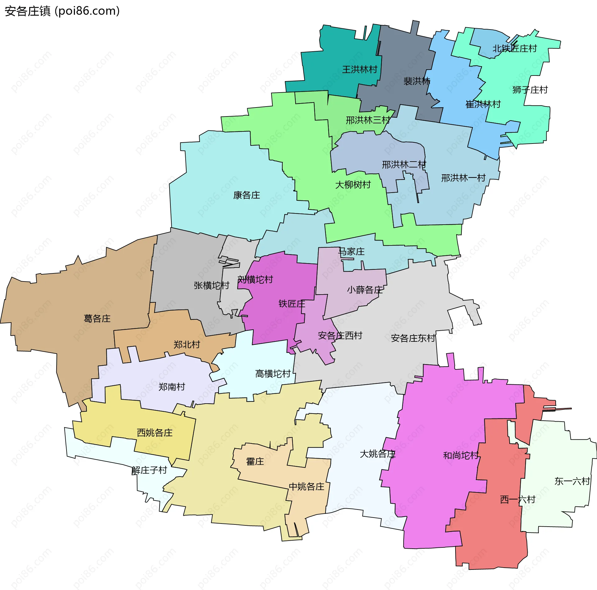 安各庄镇边界地图(五级行政区划)