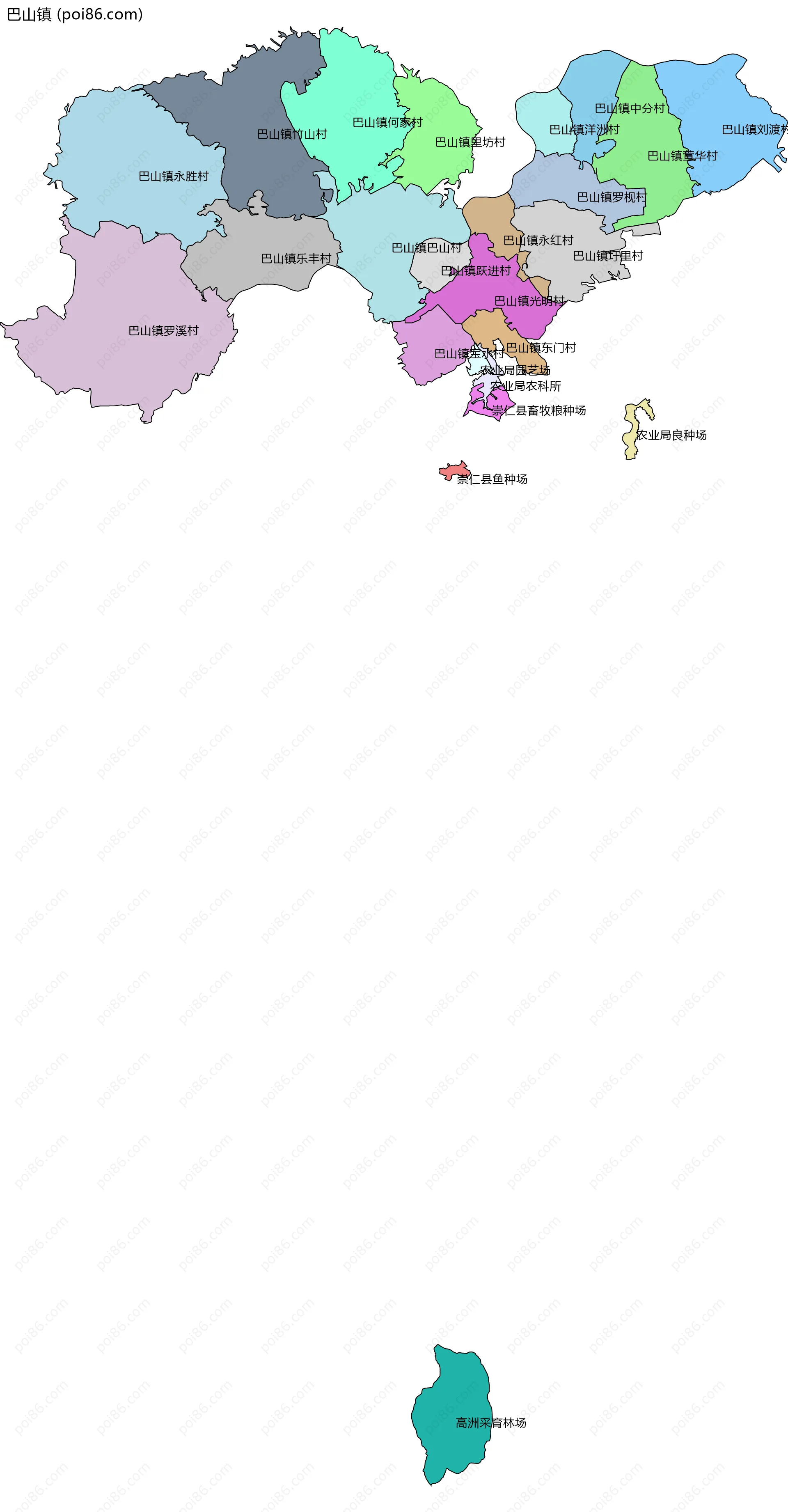 巴山镇边界地图(五级行政区划)