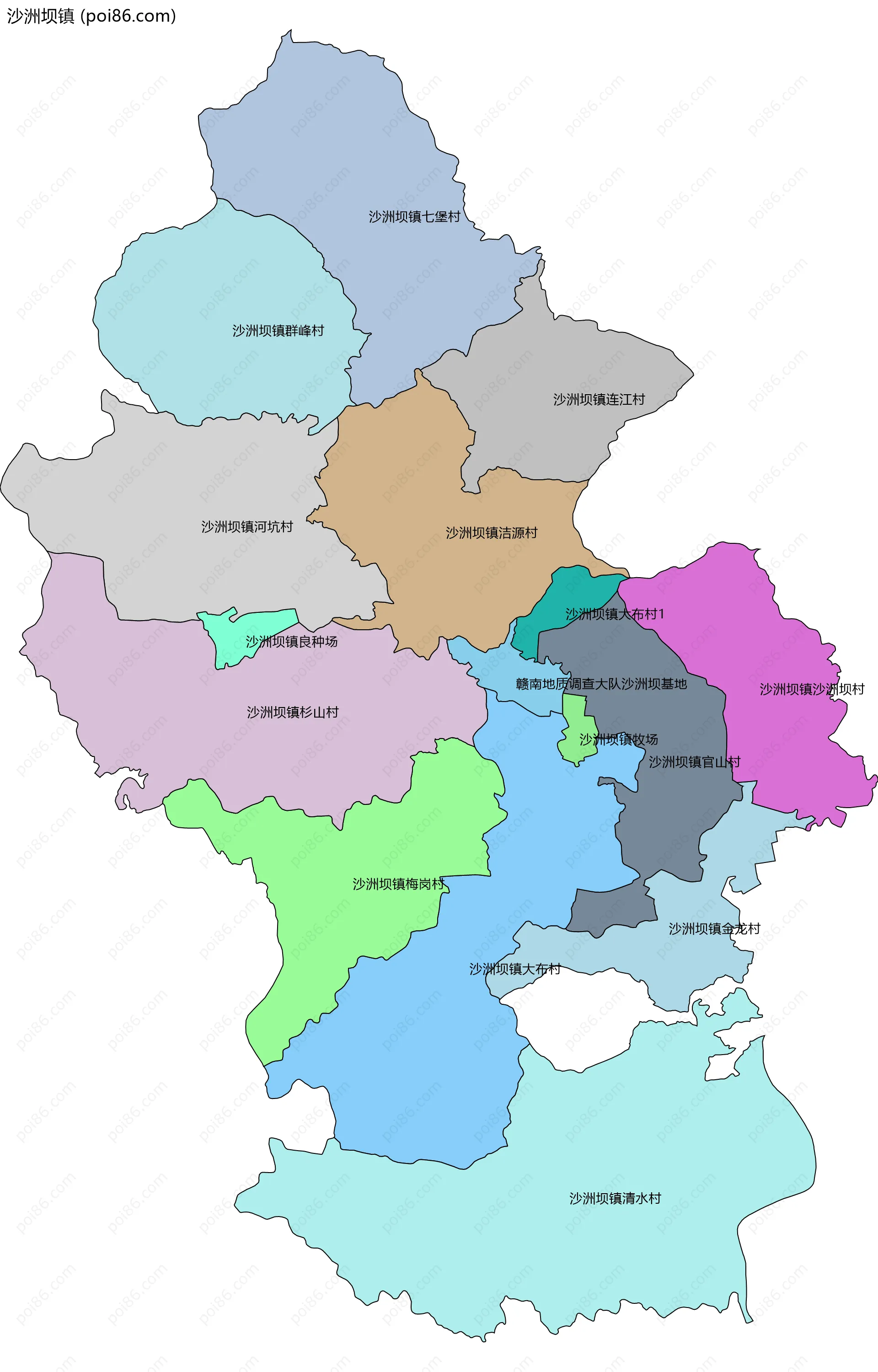 沙洲坝镇边界地图(五级行政区划)