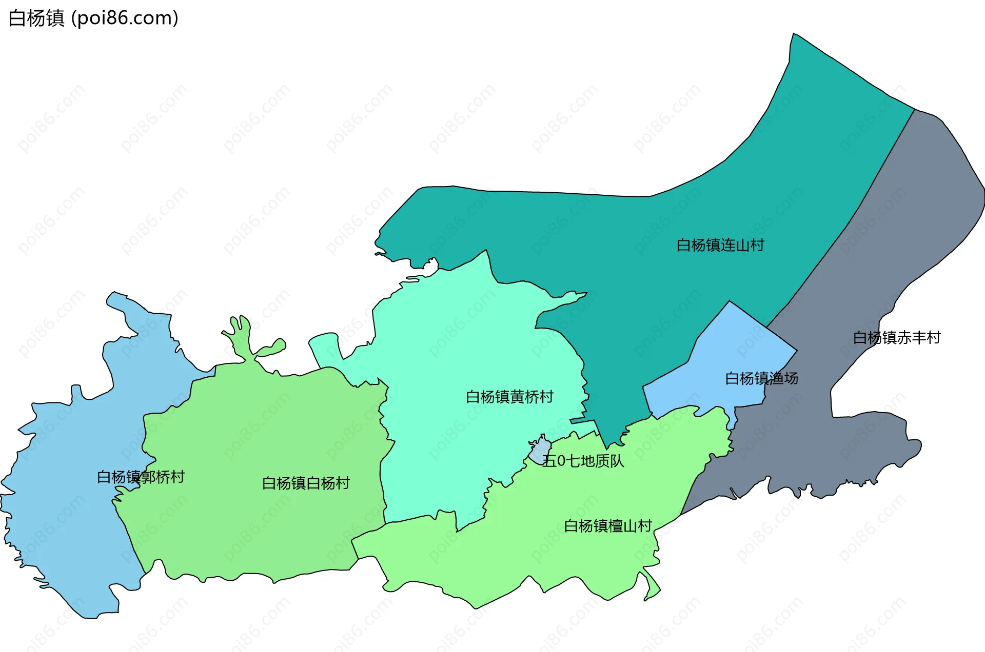 白杨镇边界地图(五级行政区划)