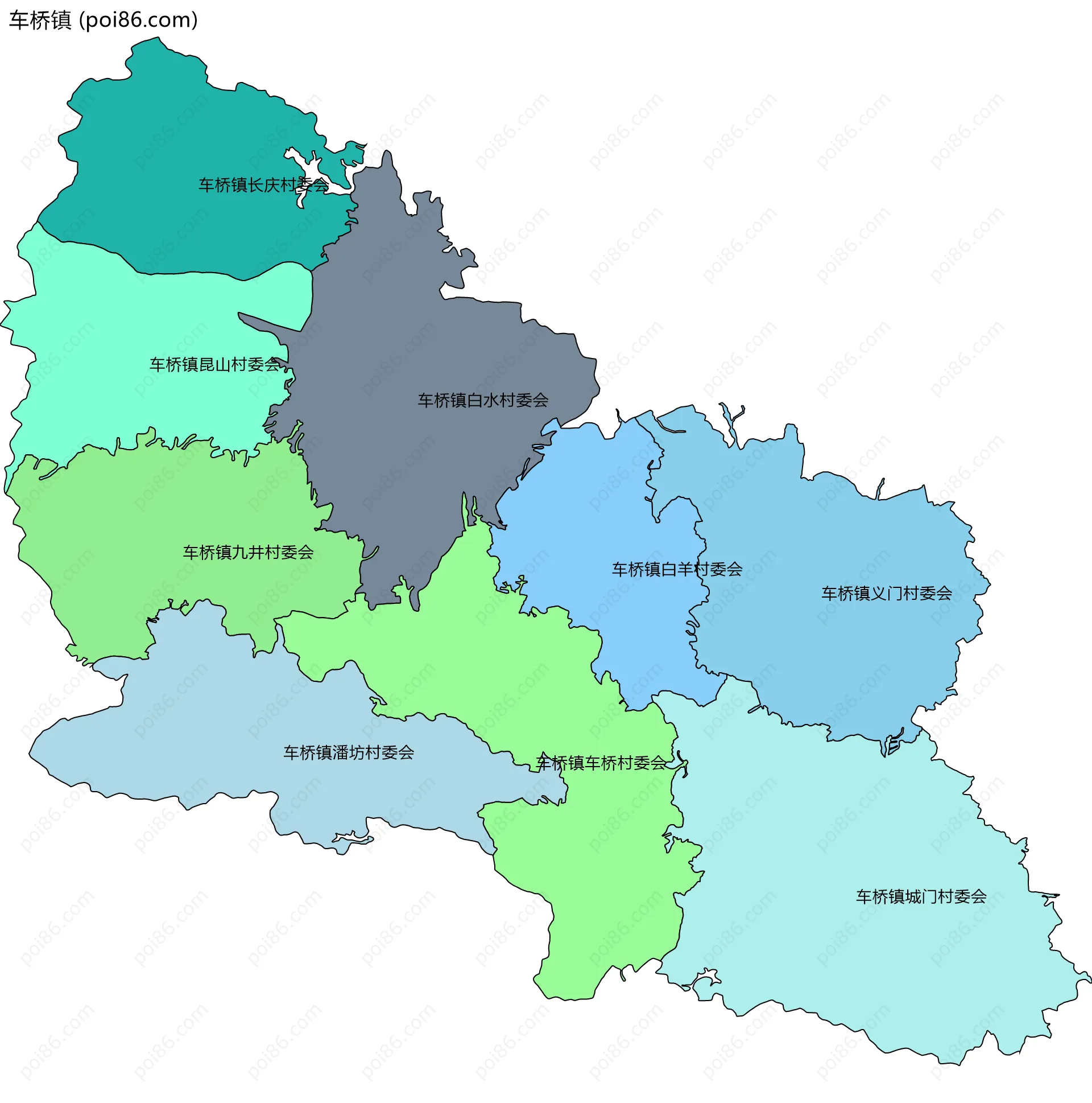 车桥镇边界地图(五级行政区划)
