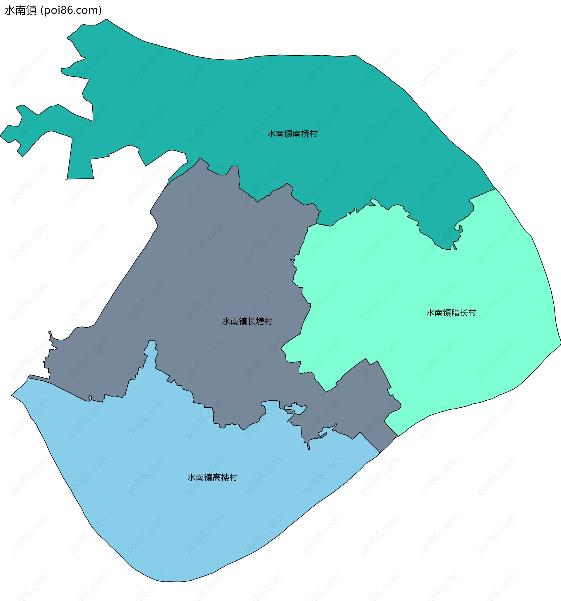 水南镇边界地图(五级行政区划)