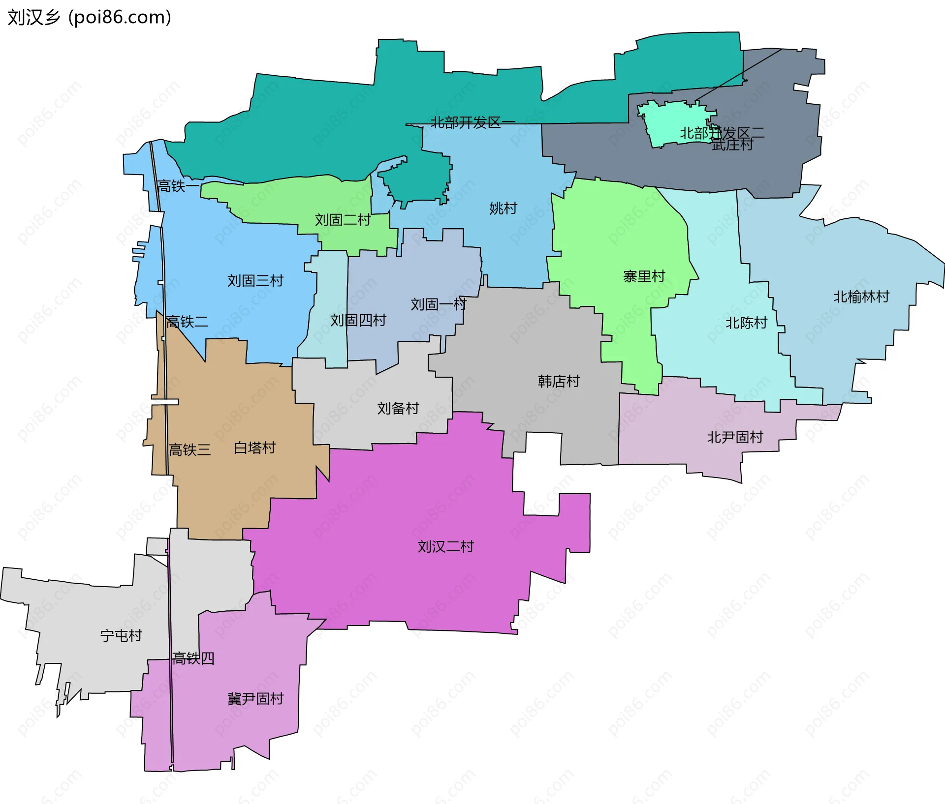 刘汉乡边界地图(五级行政区划)