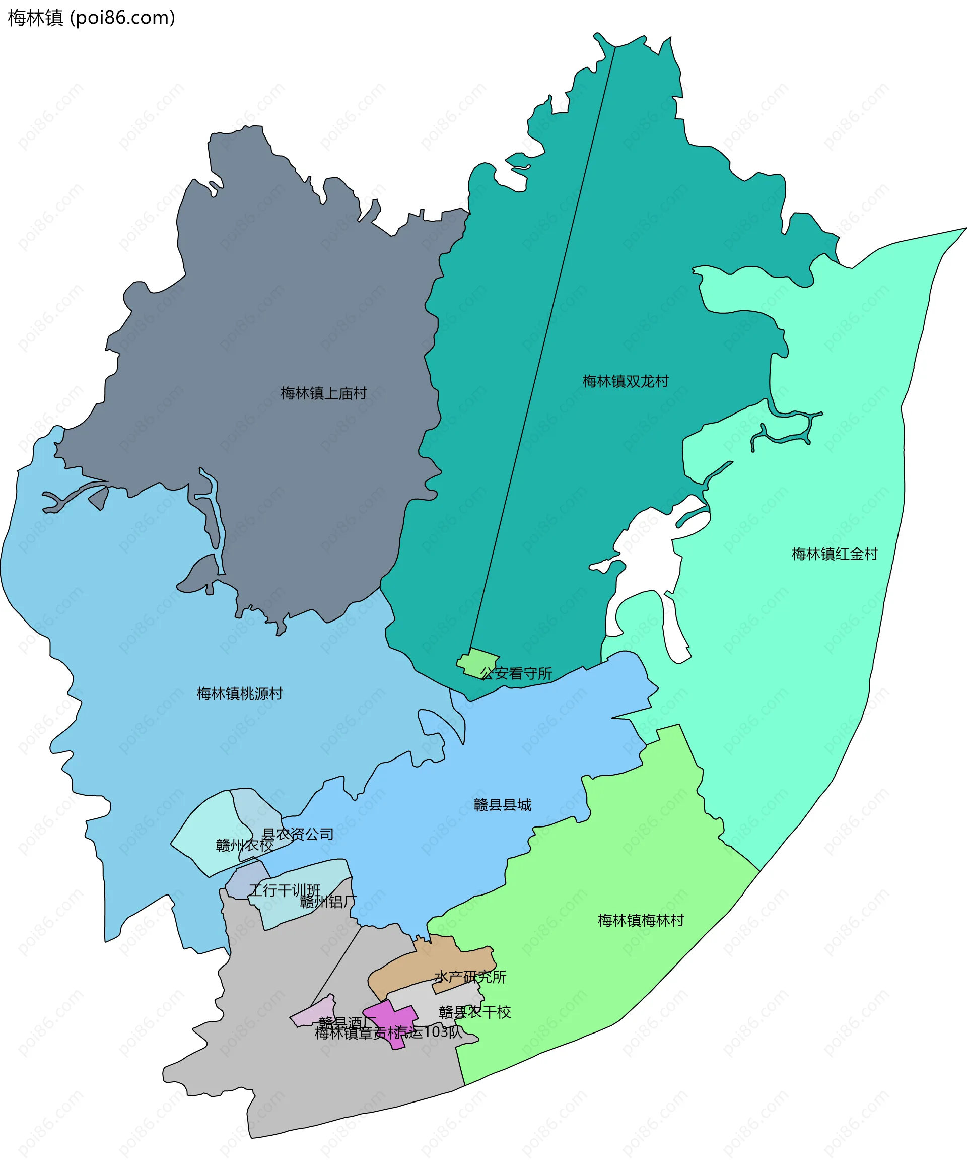 梅林镇边界地图(五级行政区划)