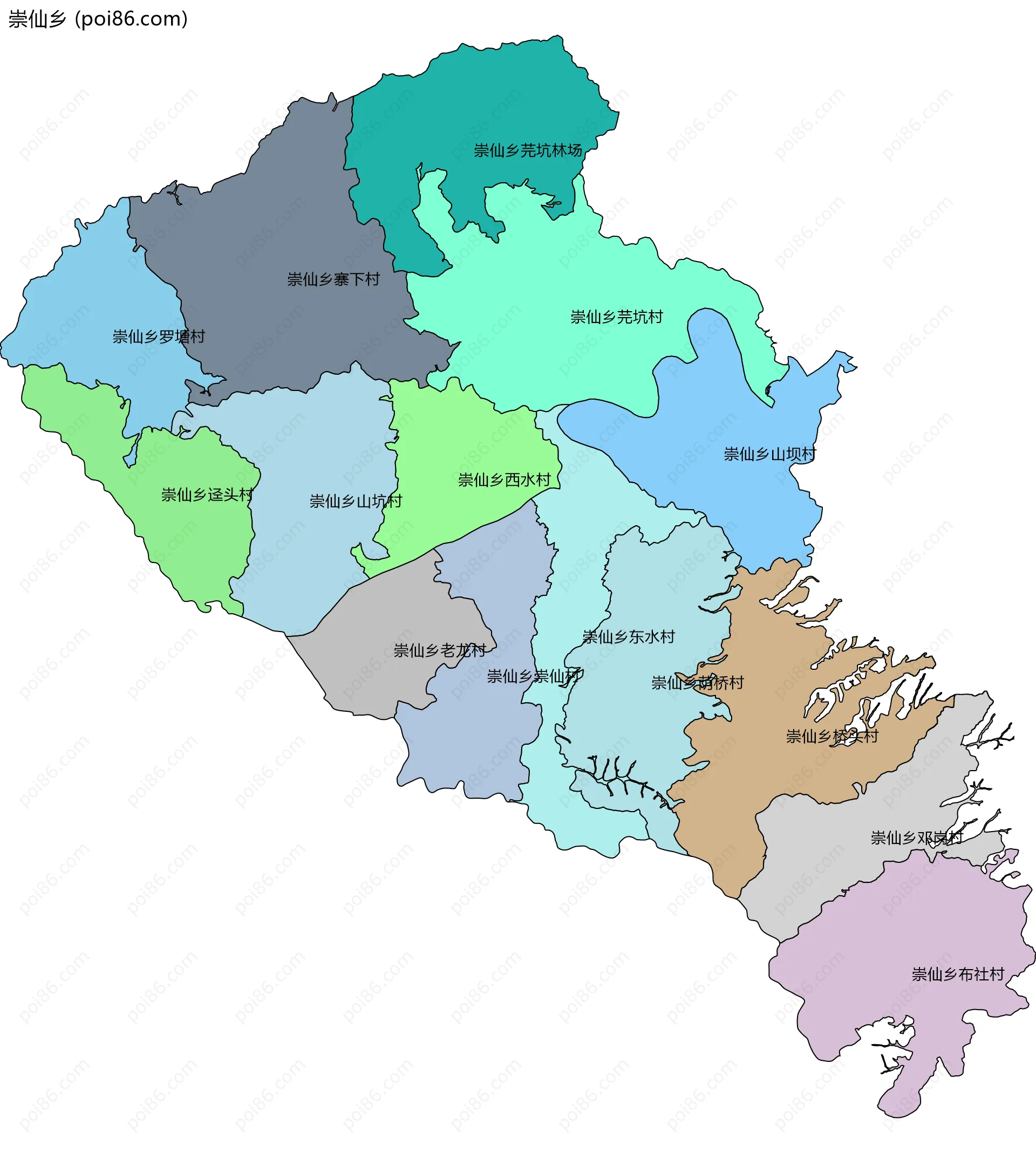 崇仙乡边界地图(五级行政区划)