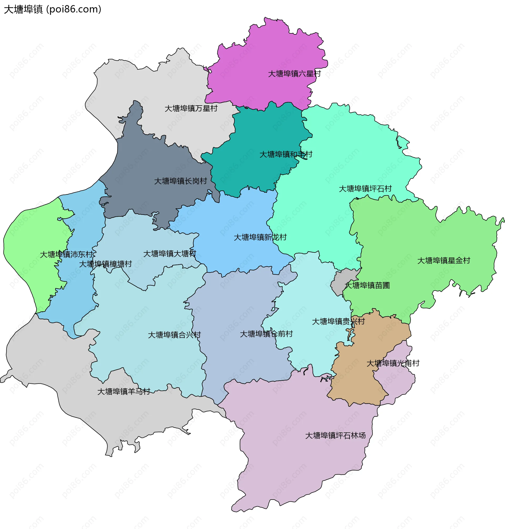 大塘埠镇边界地图(五级行政区划)